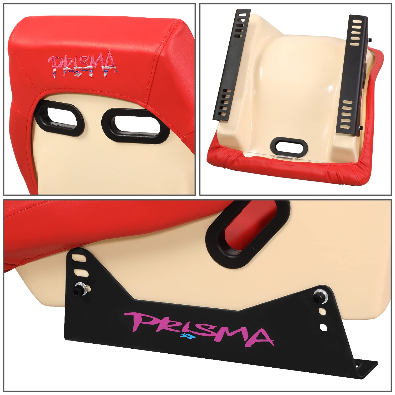 NRG Innovations Prisma GT PRI-100RD-STARDUST Fixed Back Bucket Racing Seat with Side Mount Bracket,Red Leather Red Stitching/GT Stardust Off-White Back