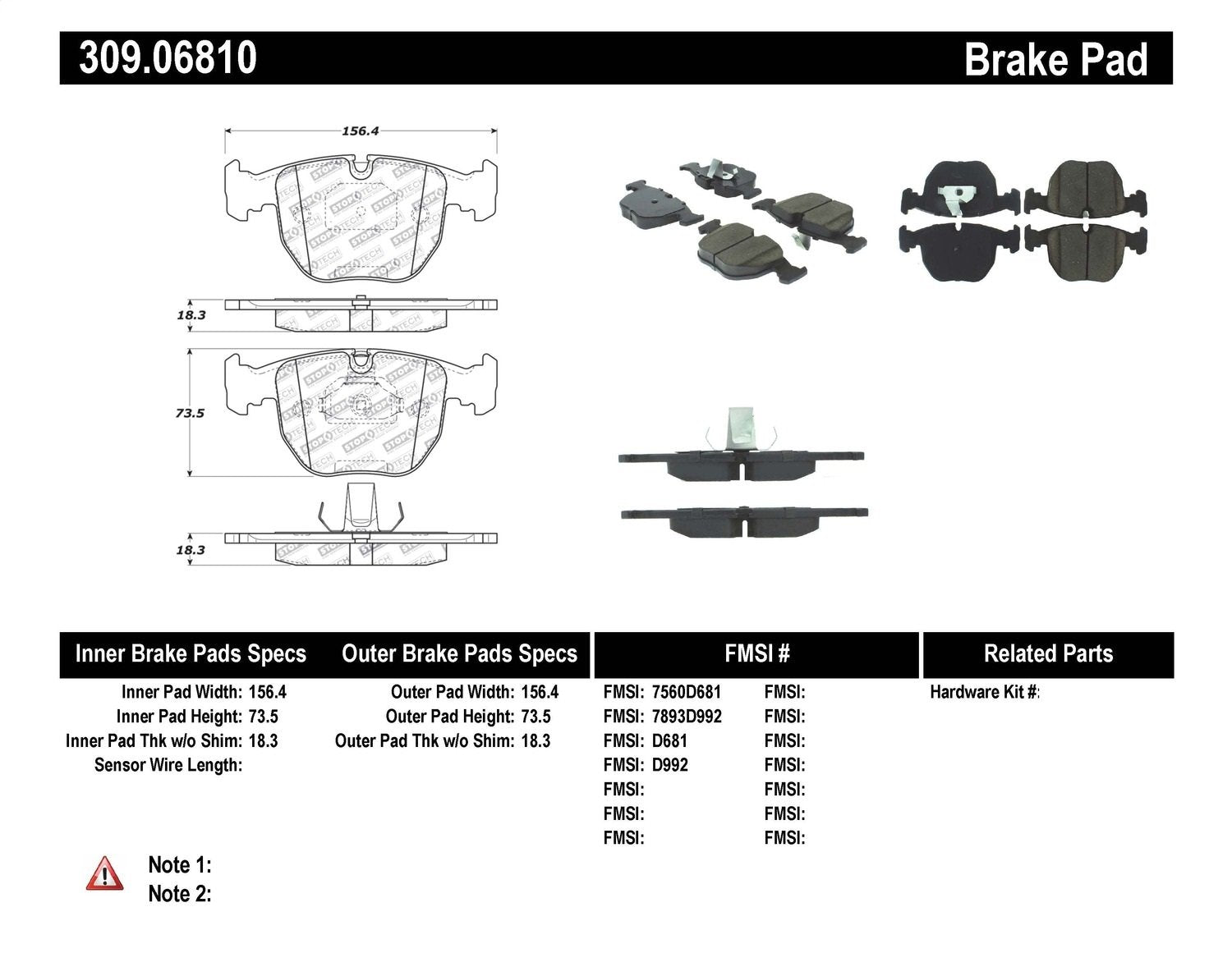 Sport Brake Pads StopTech 309.06810 with Shims and Hardware