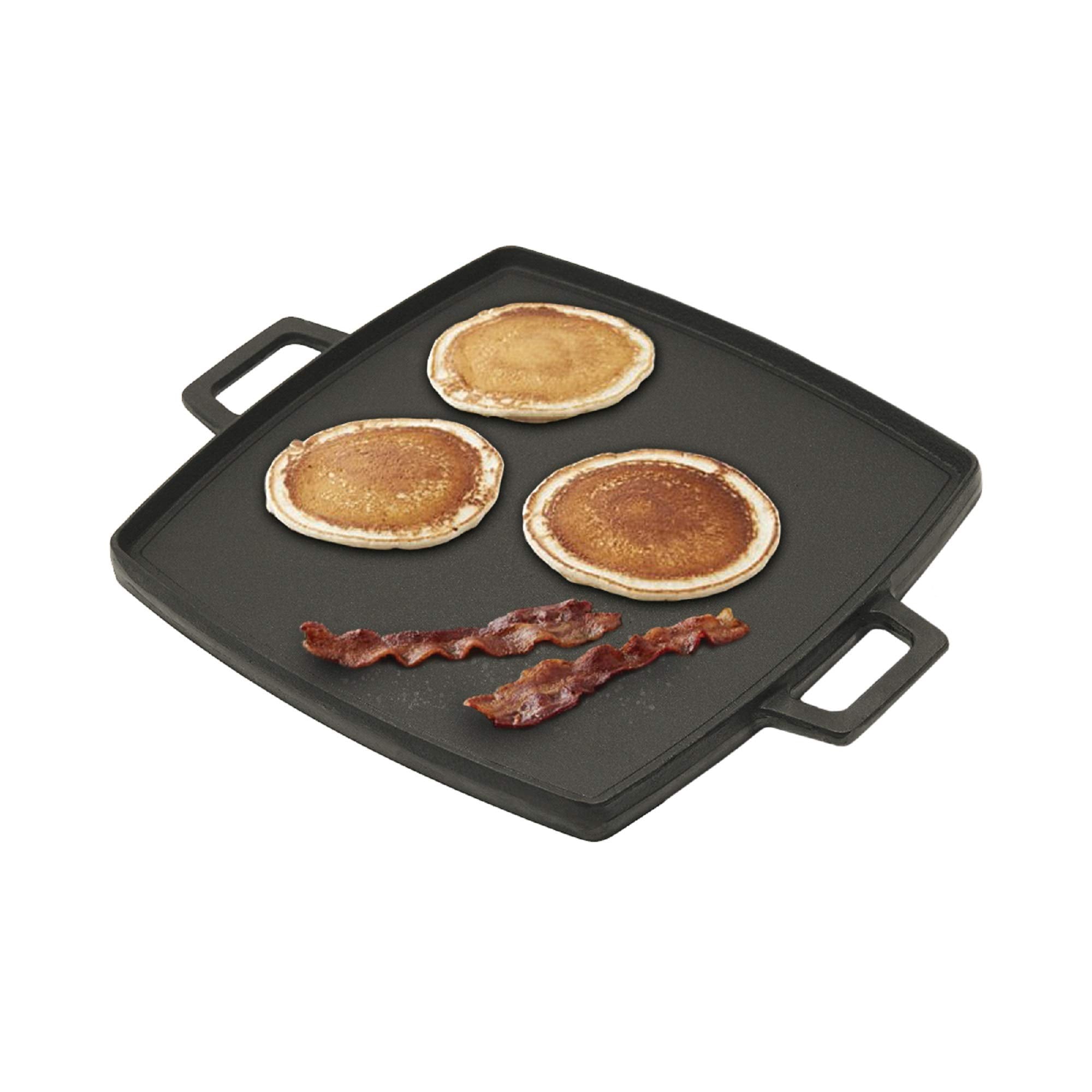 14-in Bayou Classic Cast Iron Reversible Square Griddle Features Flat Side and Ribbed Grill Side Perfect For Large Batch Breakfast Burgers and Grilled Sandwiches Steaks and Chicken