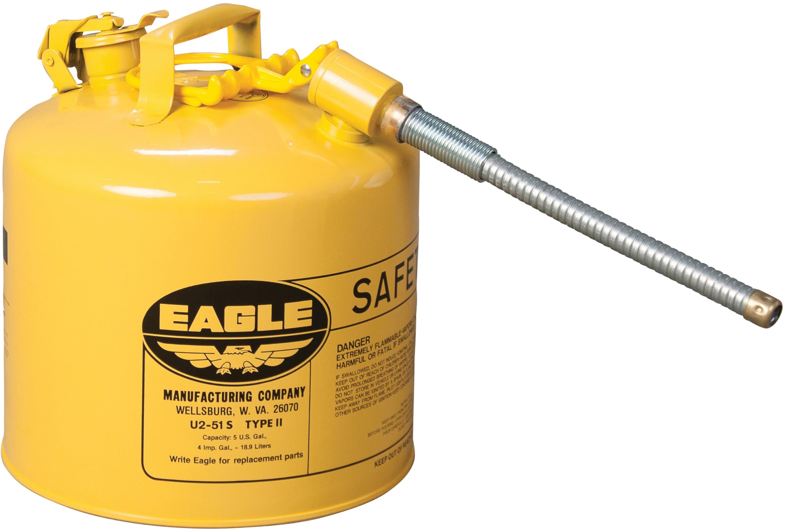 Eagle 5 Gallon Type II Yellow Diesel Safety Gas Can with Flame Arrester, Self-Closing Lid, and 12" x 7/8" Flexible Metal Hose, Made in the USA, Galvanized Steel Flammable Storage Can, U251SY