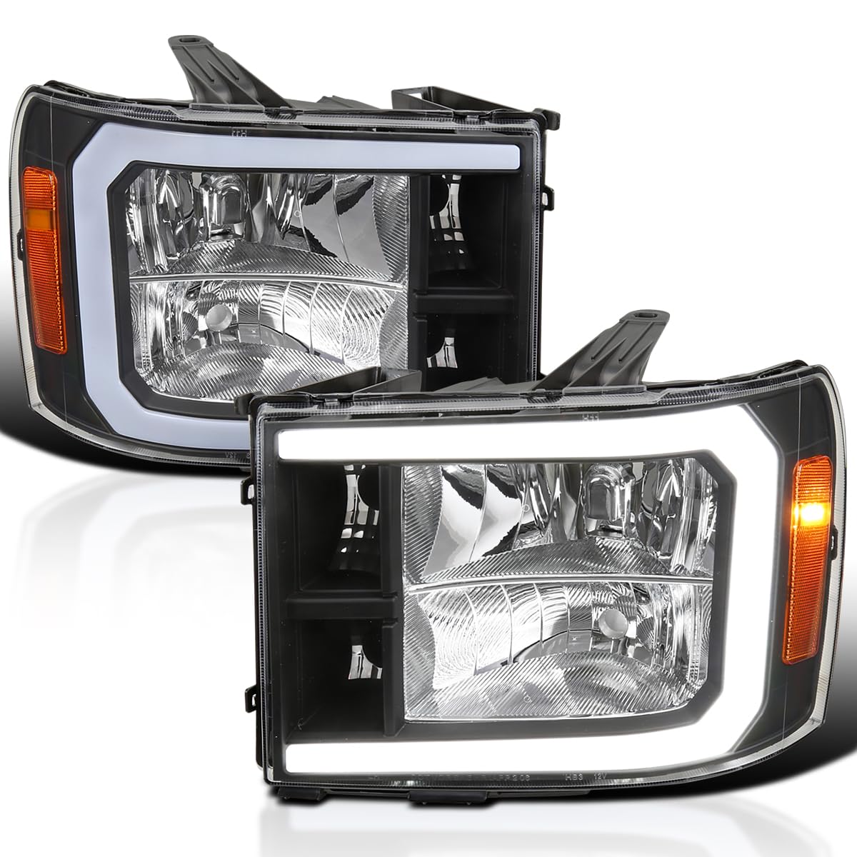Black Headlights w/LED Bar SPEC-D TUNING Compatible with 2007-2013 GMC Sierra 1500, 2500HD, 3500HD, Left + Right Pair Headlamp Assembly