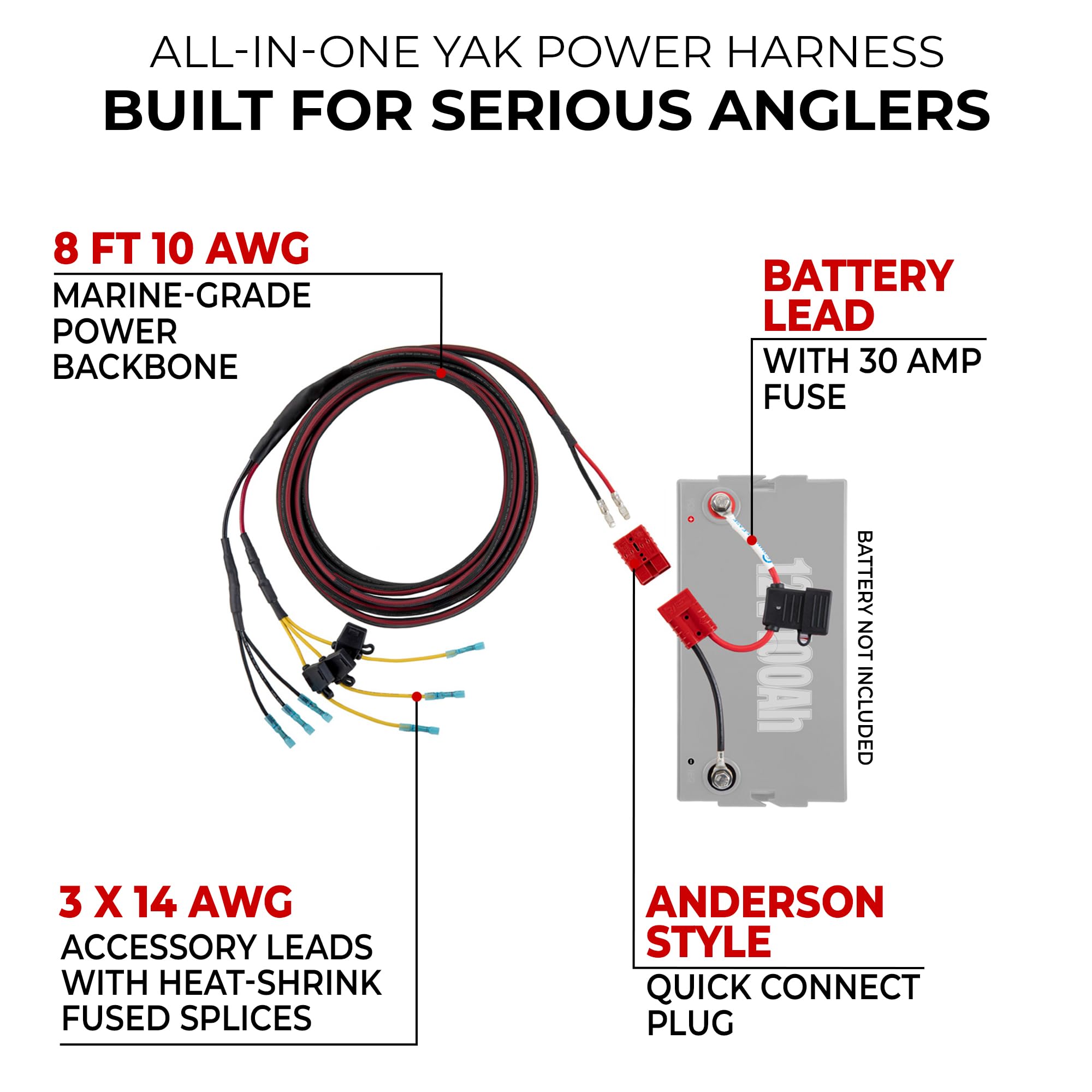 Yak-Ease Connect-Ease Kayak Wiring Harness Kit RCE12VGPYAK | 8-Foot 10 AWG Wire, 3 Fused Drops | Powers Fish Finder, GPS & Kayak Fishing Accessories | 12V Quick Connect Plug, Marine-Grade Wiring Kit