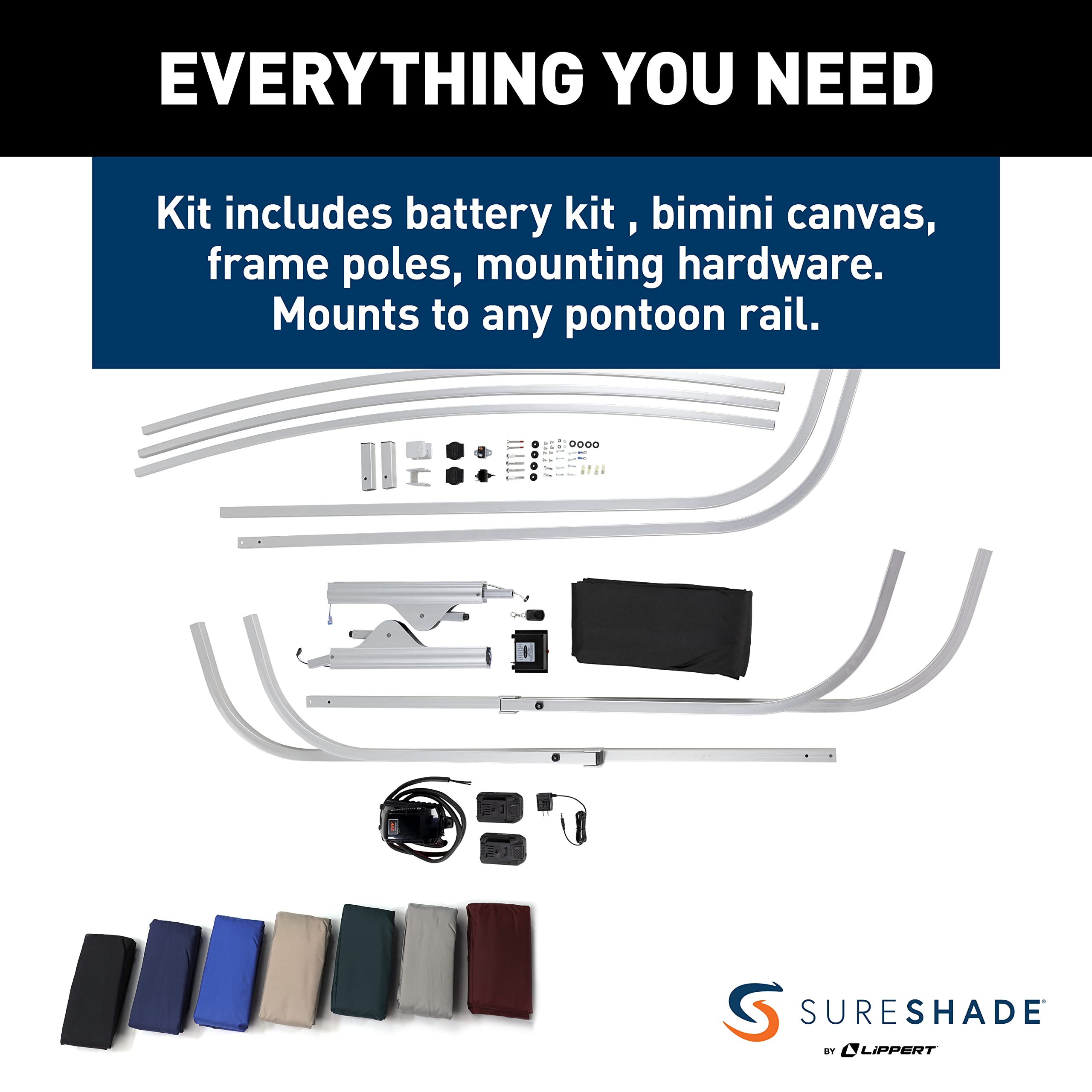 SureShade Electric Bimini Power Shade System for Pontoon Boats with Manual or No Biminis, 92-102" Wide, 20V Powered, Fade-Resistant Fabric, Clear Anodized Frame, Navy - 2021133094