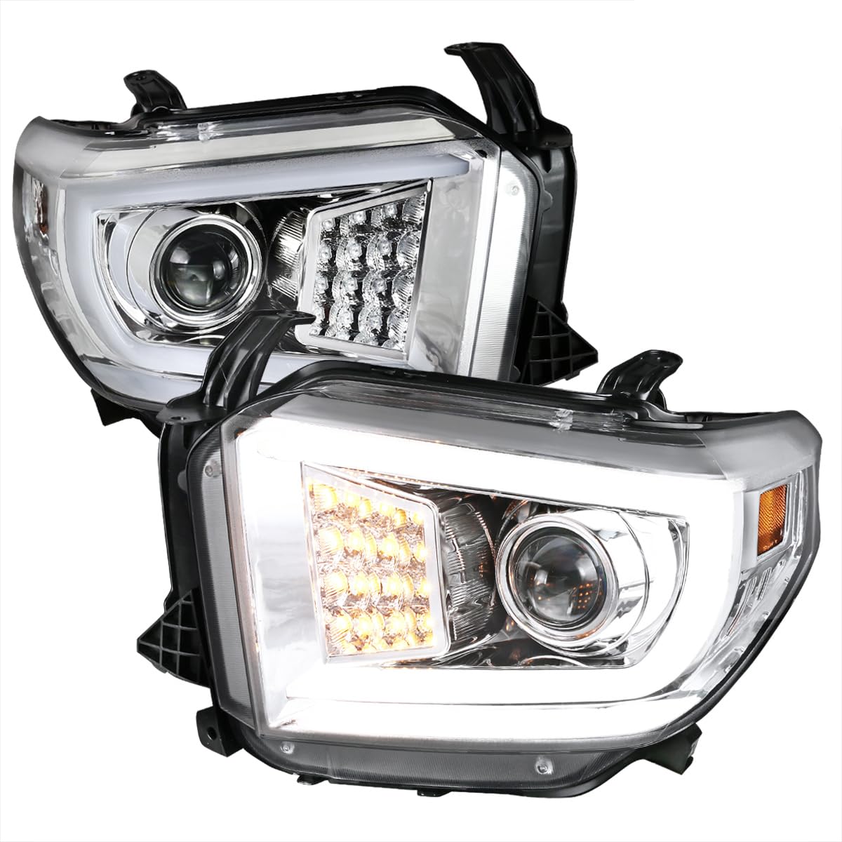 Chrome Projector Headlights Spec-D Tuning w/LED Light Bar Compatible with 2014-2021 Toyota Tundra, Left + Right Pair Headlamps Assembly