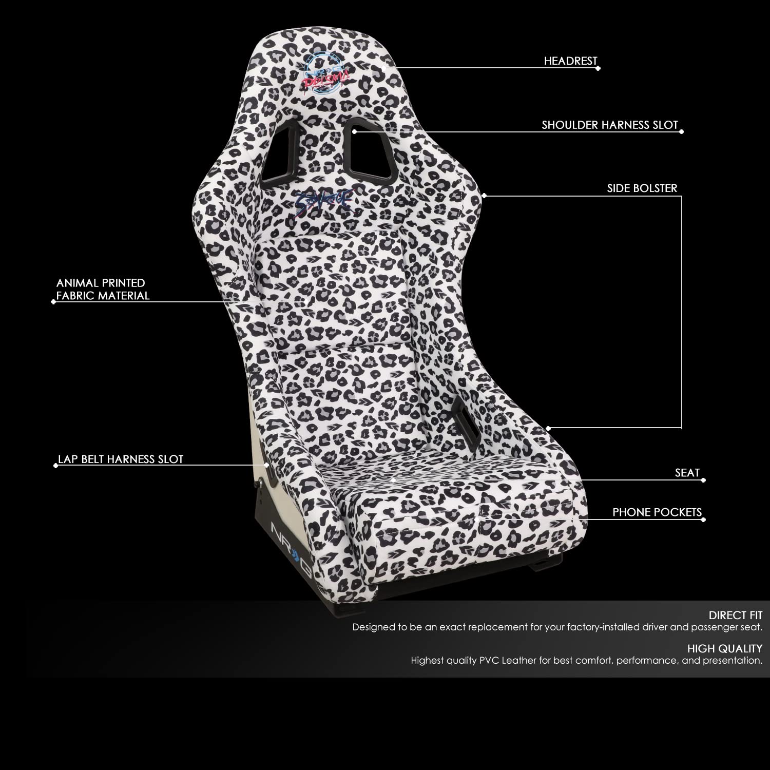 NRG Innovations Prisma FRP-303-WT-SAVAGE Fixed Back Bucket Racing Seat with Bottom Mount Bracket, White Savage Leopard Print Fabric/White Pearl Back