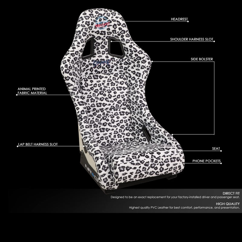 NRG Innovations Prisma FRP-303-WT-SAVAGE Fixed Back Bucket Racing Seat with Bottom Mount Bracket, White Savage Leopard Print Fabric/White Pearl Back