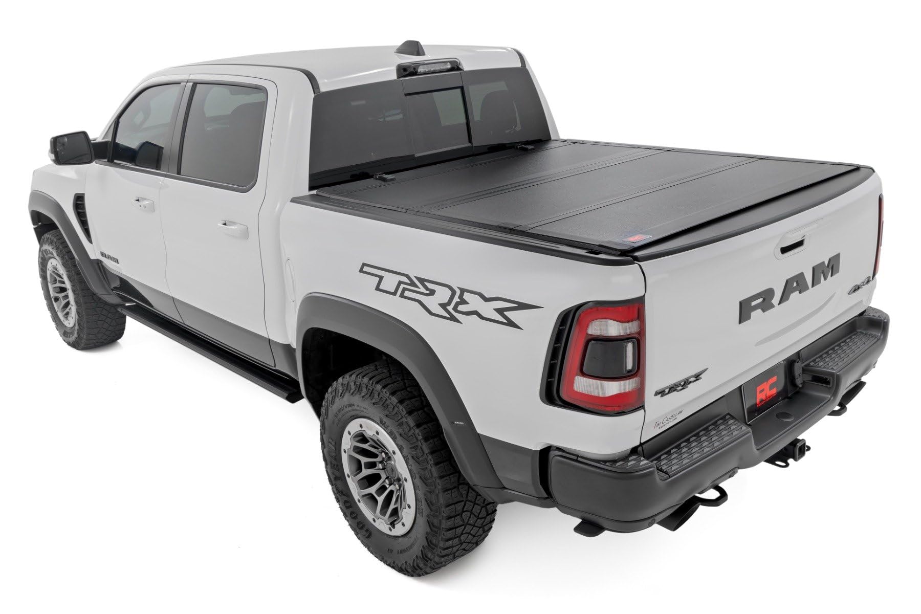 Rough Country Hard Tri-Fold Truck Bed Flip Up Tonneau Cover for Dodge Ram 1500 (2019-2025) TRX (2021-2025) - Flush Aluminum Bed Cover, Fits 5'7" (66.7") Bed