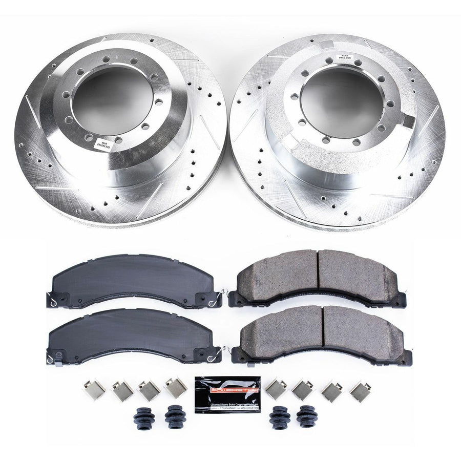 Power Stop K4722 Z23 Carbon Fiber Brake Pads Rear with Drilled & Slotted Brake Rotors Kit For Dodge Ram 4500, Dodge Ram 5500, Ram 4500, Ram 5500 [Model Specific]