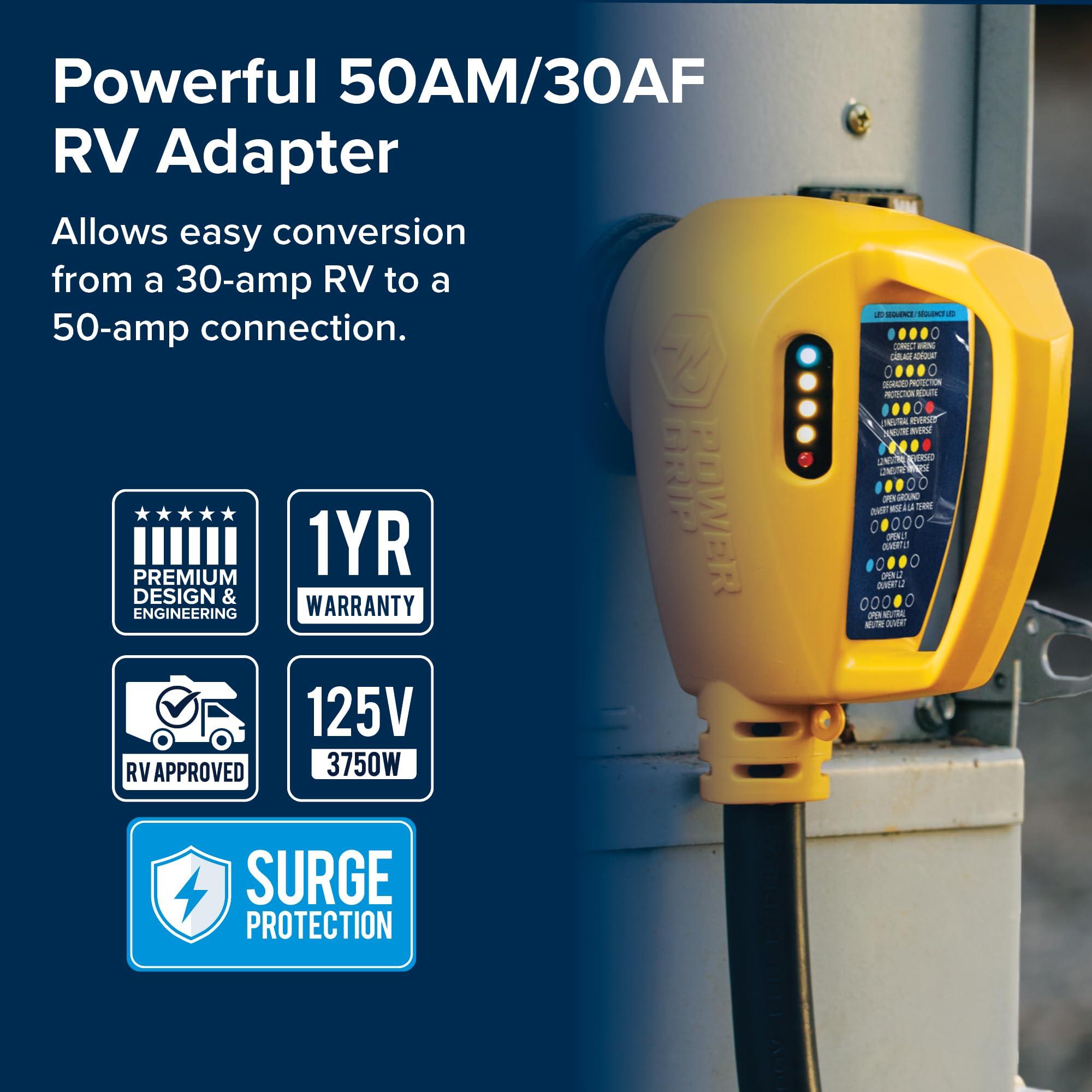 Camco 18" Power Grip RV 50-Amp Circuit Analyzer Dogbone - Features Integrated Surge Protection & Fault Indication, 50-Amp Male to 30-Amp Female, 125V / 3750W (55563)