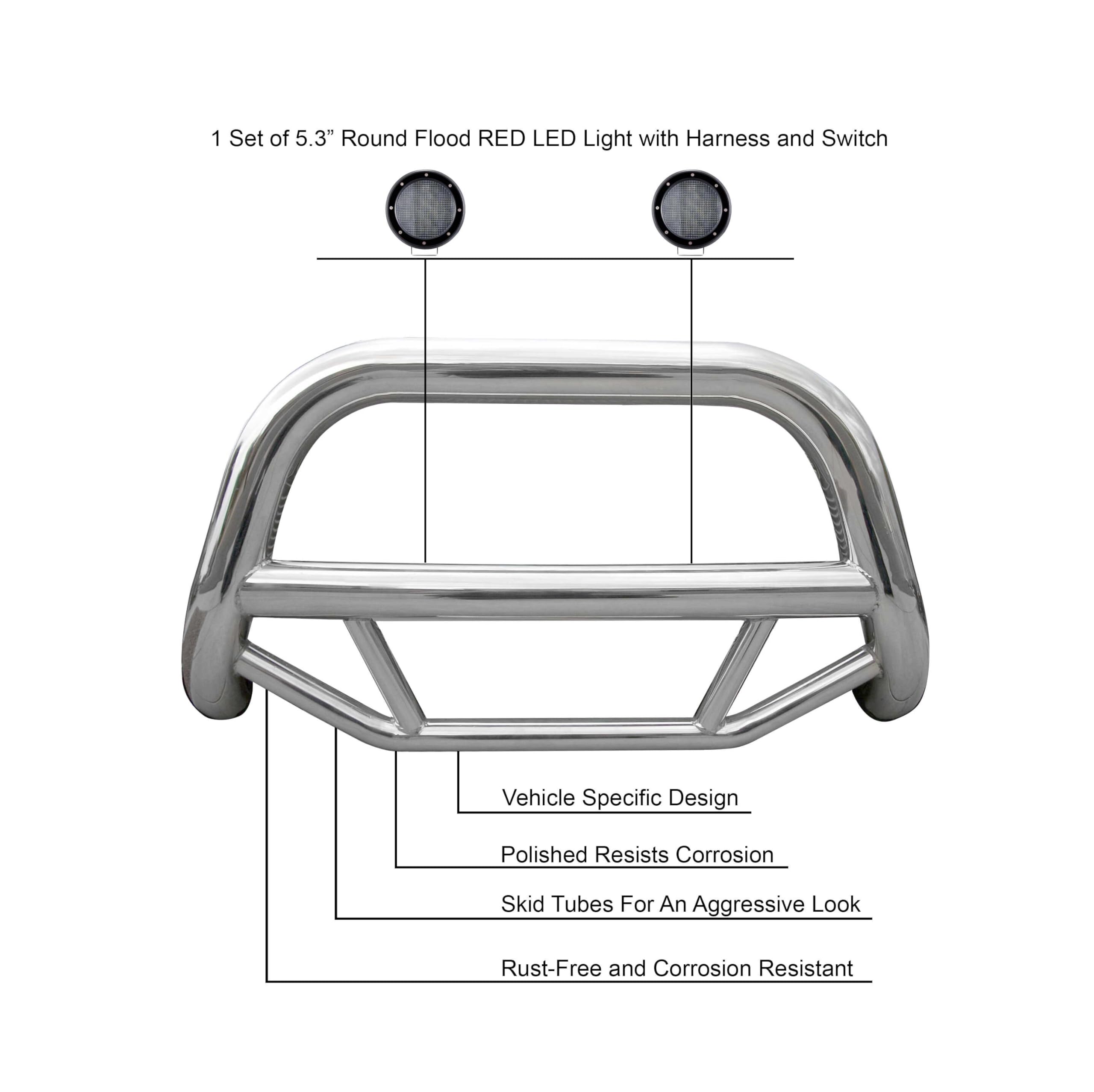 Max Bull Bar Black Horse No Skid Plate Stainless Steel Come with Pair of 5.3" Dia. LED Flood Lights with Black Trim Rings Compatible with 2006-2018 Toyota RAV4 (Excludes 2018 Adventure Trim)