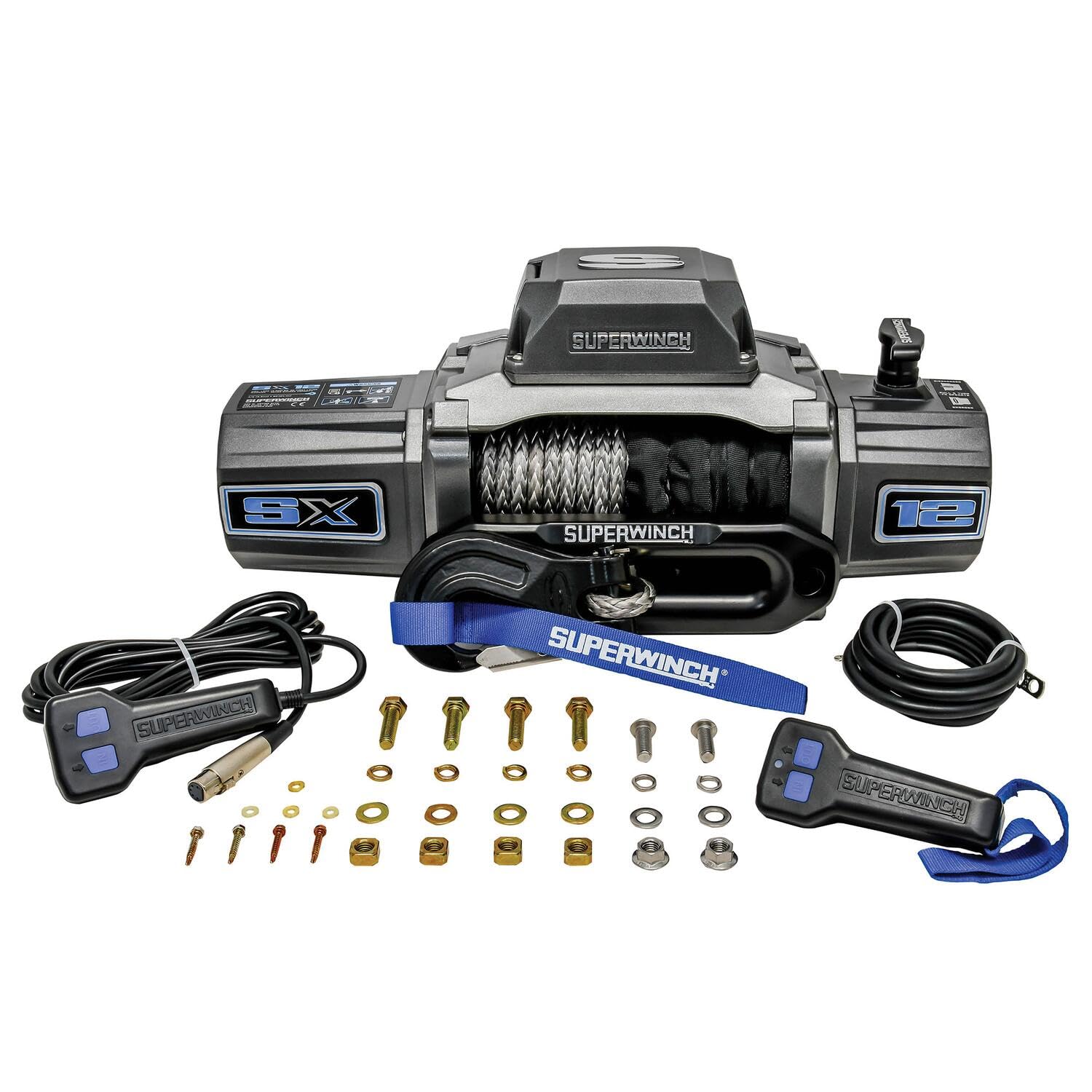 SX12SR Superwinch 1712201 12V DC Electric Waterproof Recovery Winch 12,000lb/5,443kg Single Line Pull with Hawse Fairlead 3/8in x 85ft Synthetic Rope Corded Handheld and Wireless Remote No-Bind Clutch