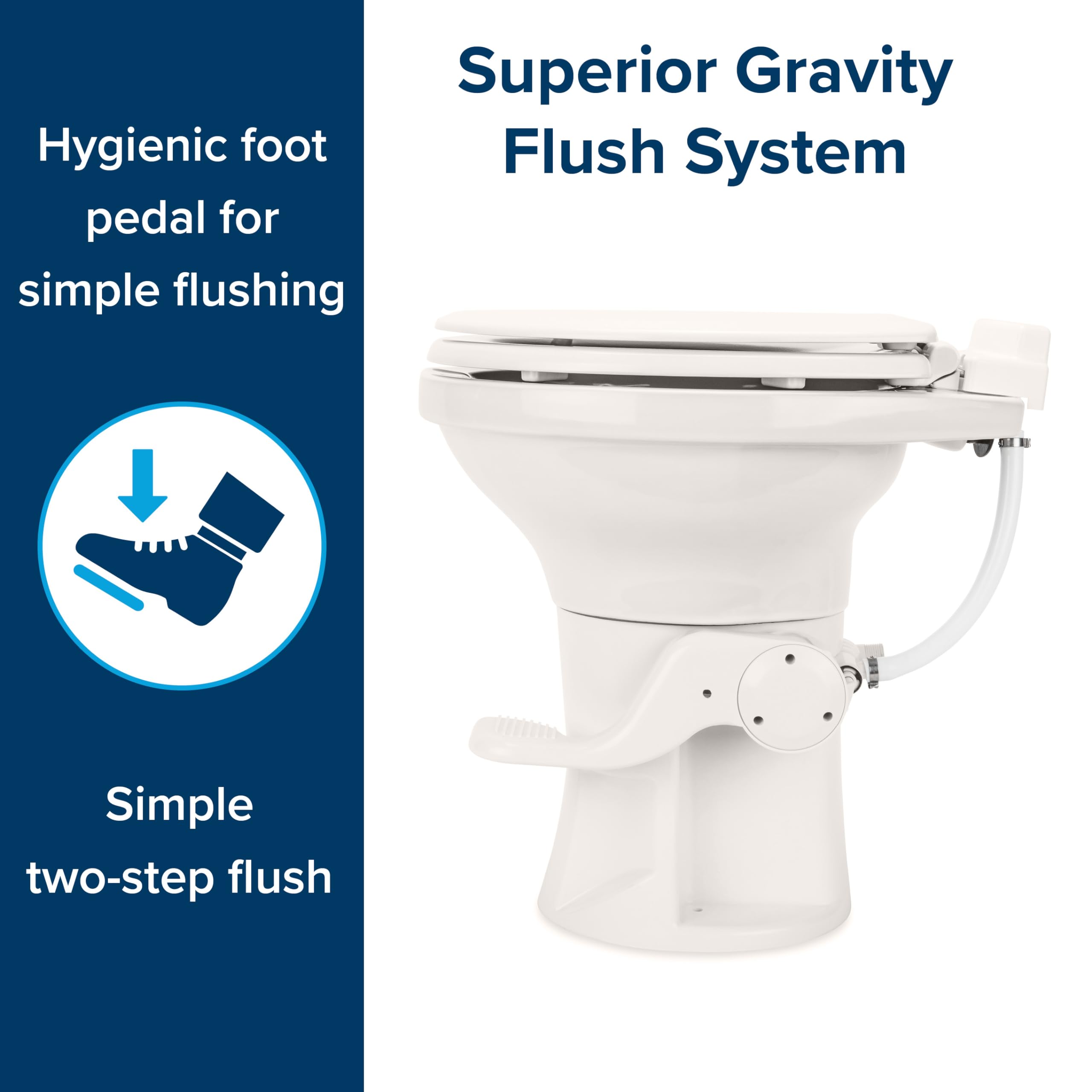 Camco Ceramic Premium Camper/RV Toilet - Features Gravity Flush System w/Convenient Foot Pedal - Full-Sized Ergonomic Design w/18" Chair Height - Soft-Close Wood Seat & Lid - Bone (41715)