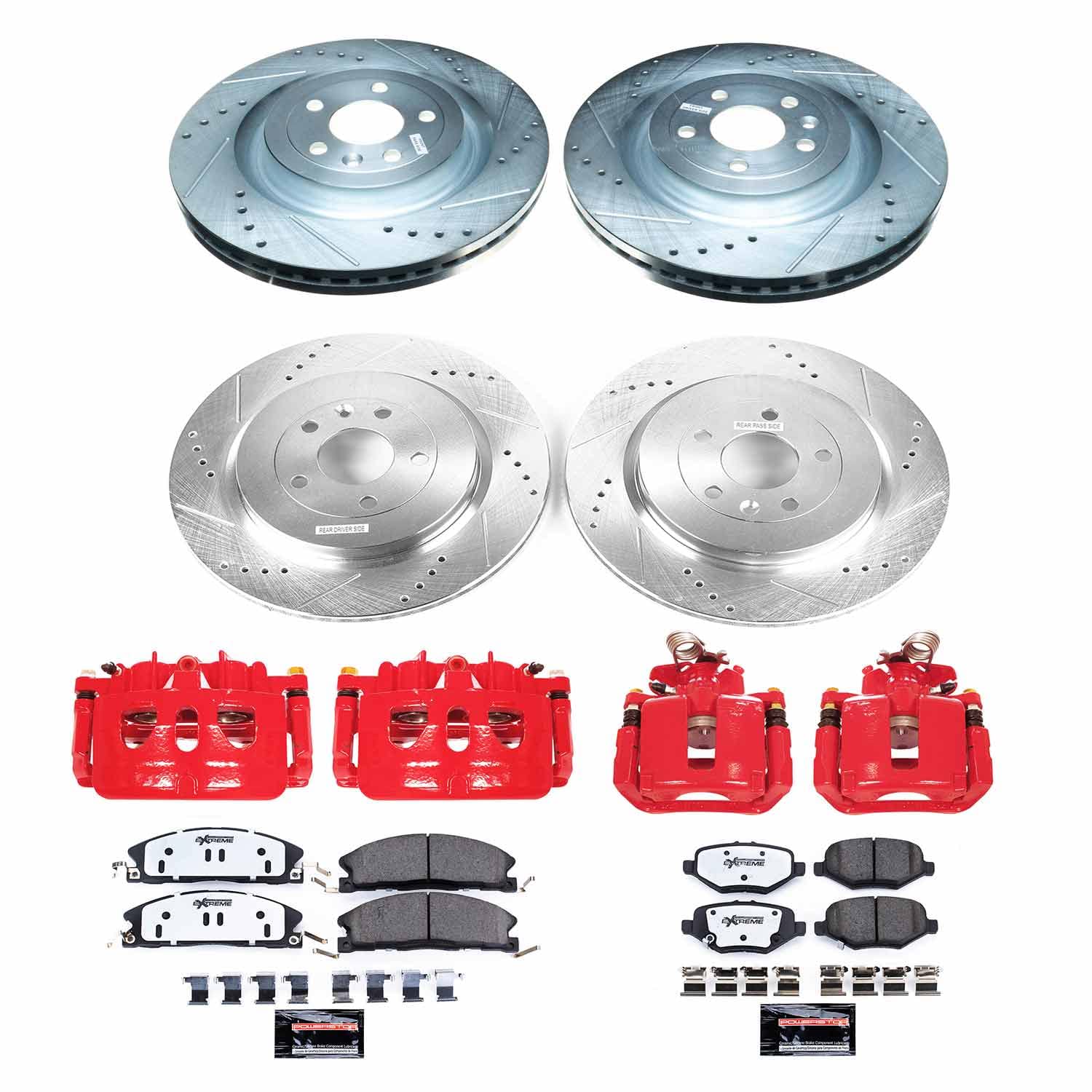 Power Stop Z36 Truck & Tow Brake Pad and Rotor Kit with Red Powder Coated Calipers KC6375-36 Front and Rear