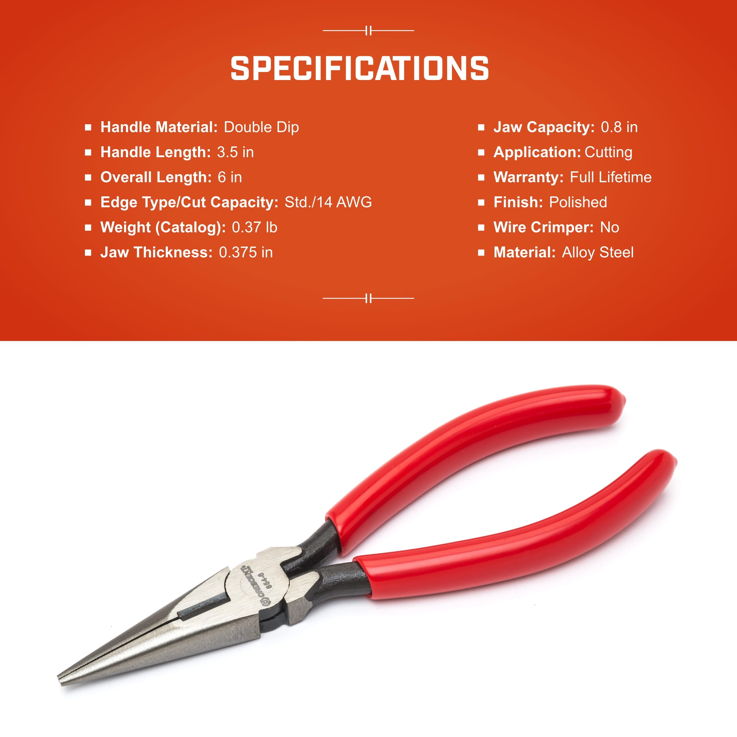 Crescent 6" Long Chain Nose Pliers Solid Joint Side Cutting - Grip Pliers with Side Cutter - Premium Wire Cutter - 6" - 6546CVSMLN