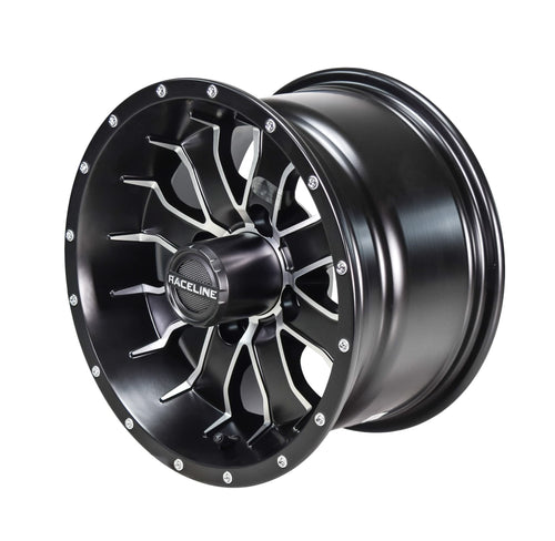G77 Raceline Mamba Golf 12x7 4x4" +5mm Black/Machined Wheel Rim 12" Inch