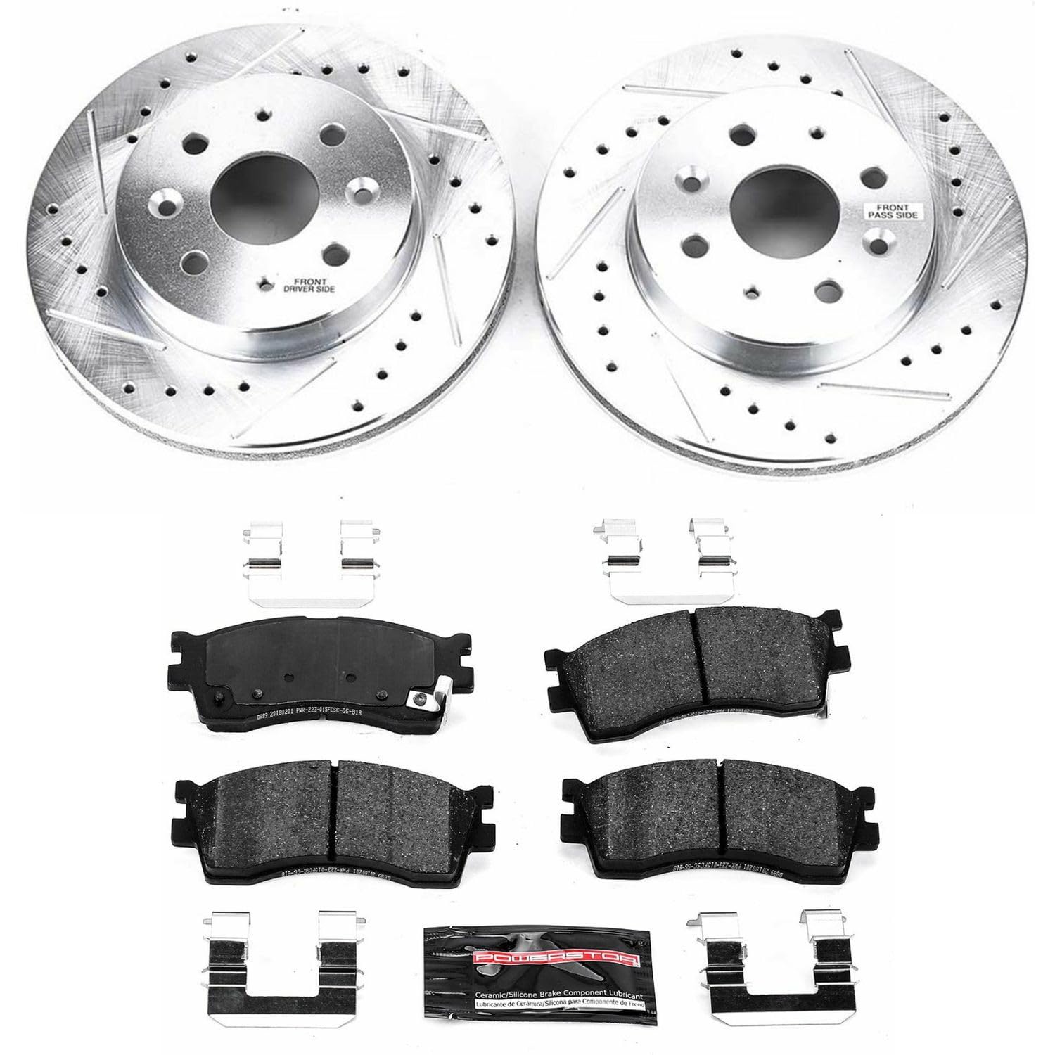 Power Stop K5902 Z23 Carbon Fiber Brake Pads with Drilled & Slotted Brake Rotors Kit For Kia Rio 2003-2005 [Model Specific]