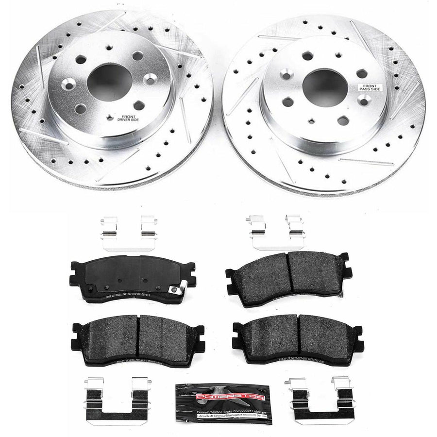 Power Stop K5902 Z23 Carbon Fiber Brake Pads with Drilled & Slotted Brake Rotors Kit For Kia Rio 2003-2005 [Model Specific]