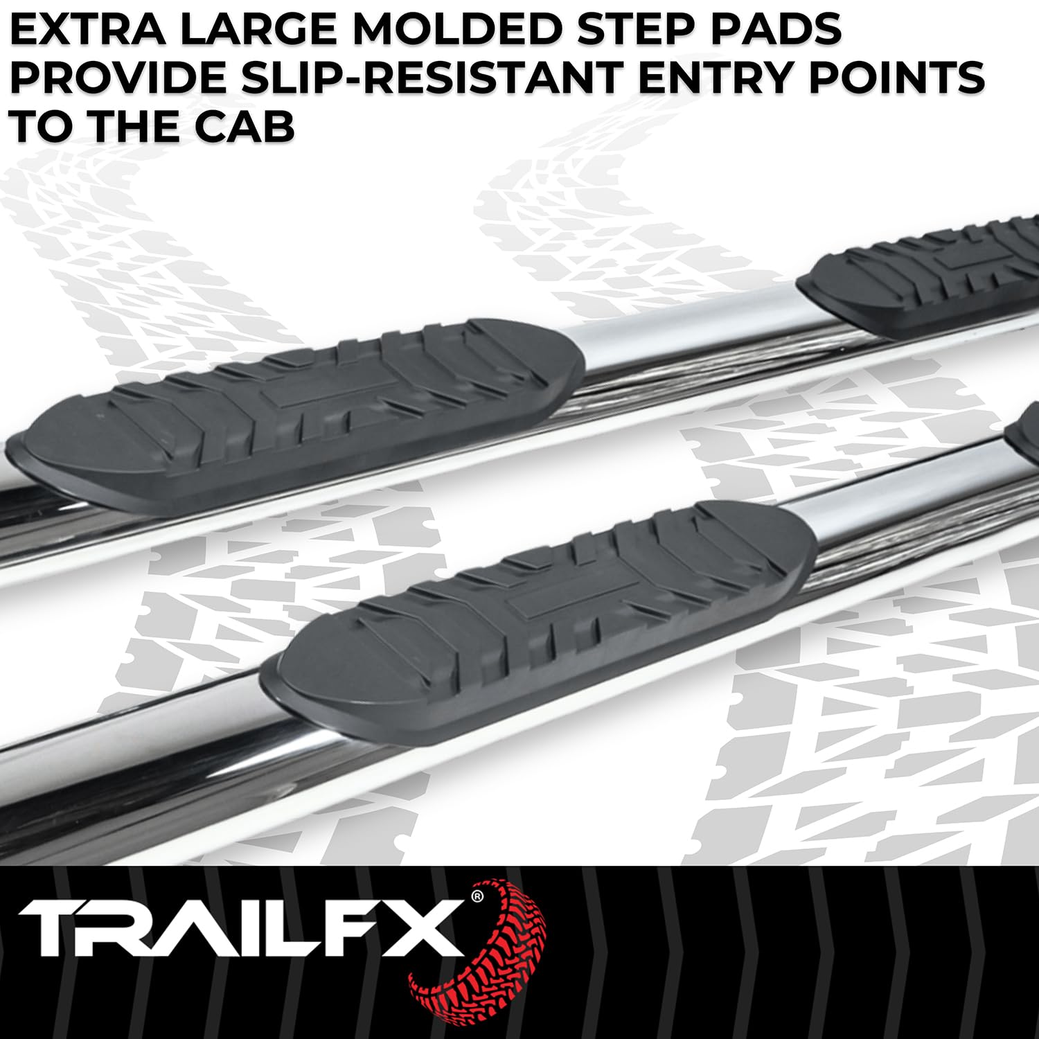 4 Inch TrailFX Oval Straight Nerf Bars with Step Pads Fits 2024–2025 Toyota Tacoma Polished T304 Stainless Steel, Welded End Caps, Rocker Panel Mount, Bolt On Install Running Boards A1559S TrailFX