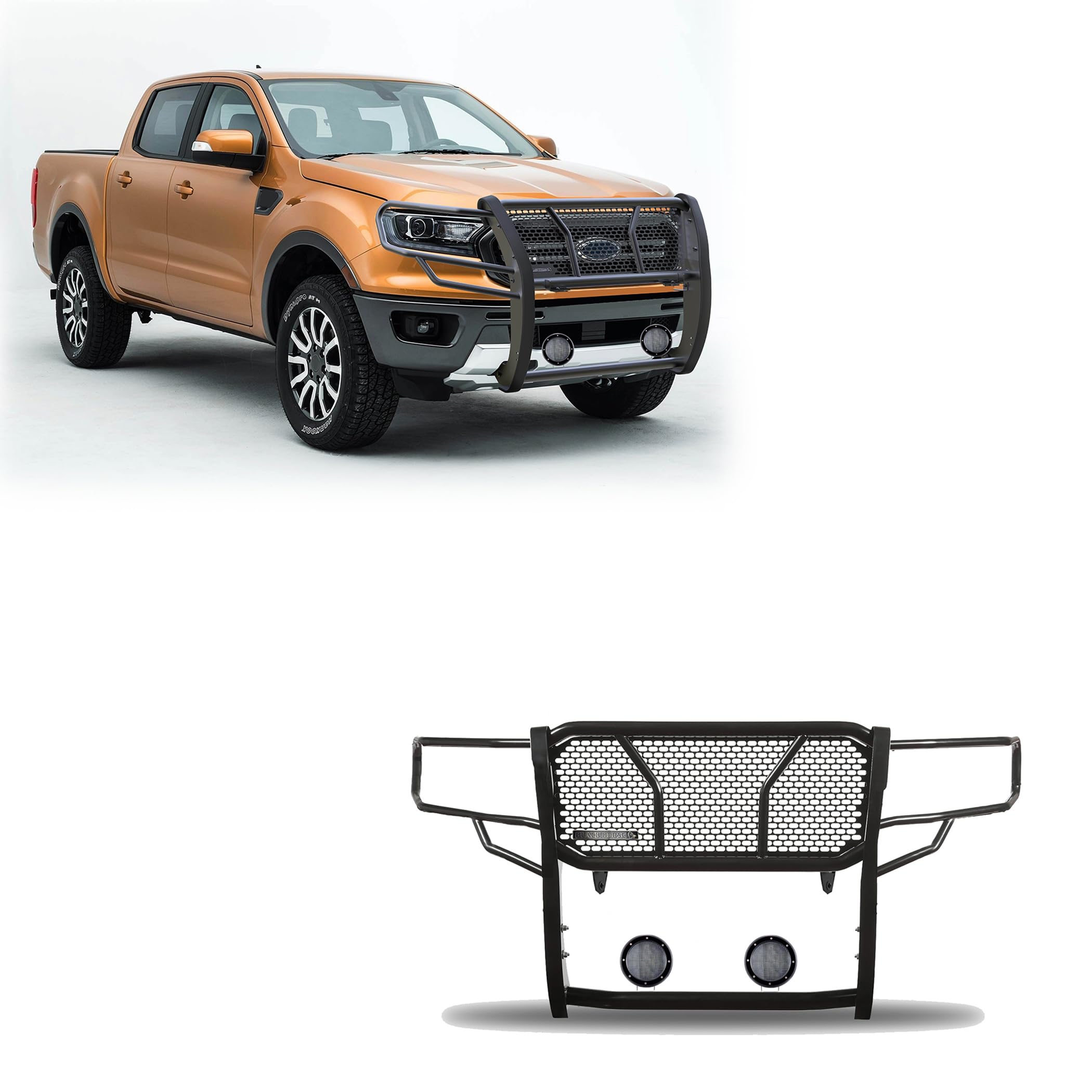 Heavy Duty Black Horse Rugged Grille Brush Bumper Guard Modular Black Come with Pair of 5.3" Dia.LED Lights with Black Trim Rings Compatible with 2019-2023 Ford Ranger-RU-FORA19-B-PLFB