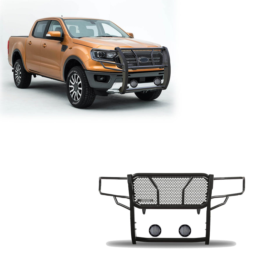 Heavy Duty Black Horse Rugged Grille Brush Bumper Guard Modular Black Come with Pair of 5.3" Dia.LED Lights with Black Trim Rings Compatible with 2019-2023 Ford Ranger-RU-FORA19-B-PLFB