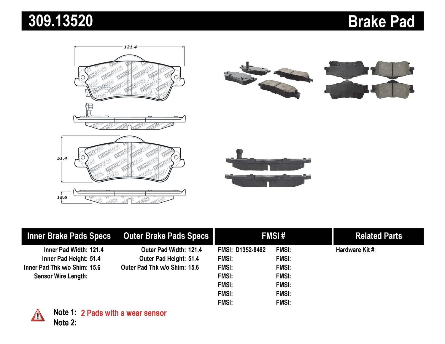 Sport Brake Pads StopTech 309.13520 with Shims and Hardware