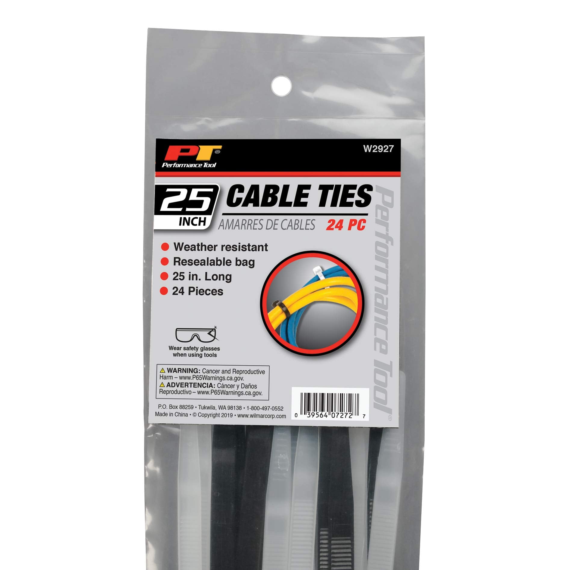 W2927 Performance Tool 24pc 25" Cable Tie Set, Black and White With Tensile Strength 175 Lbs