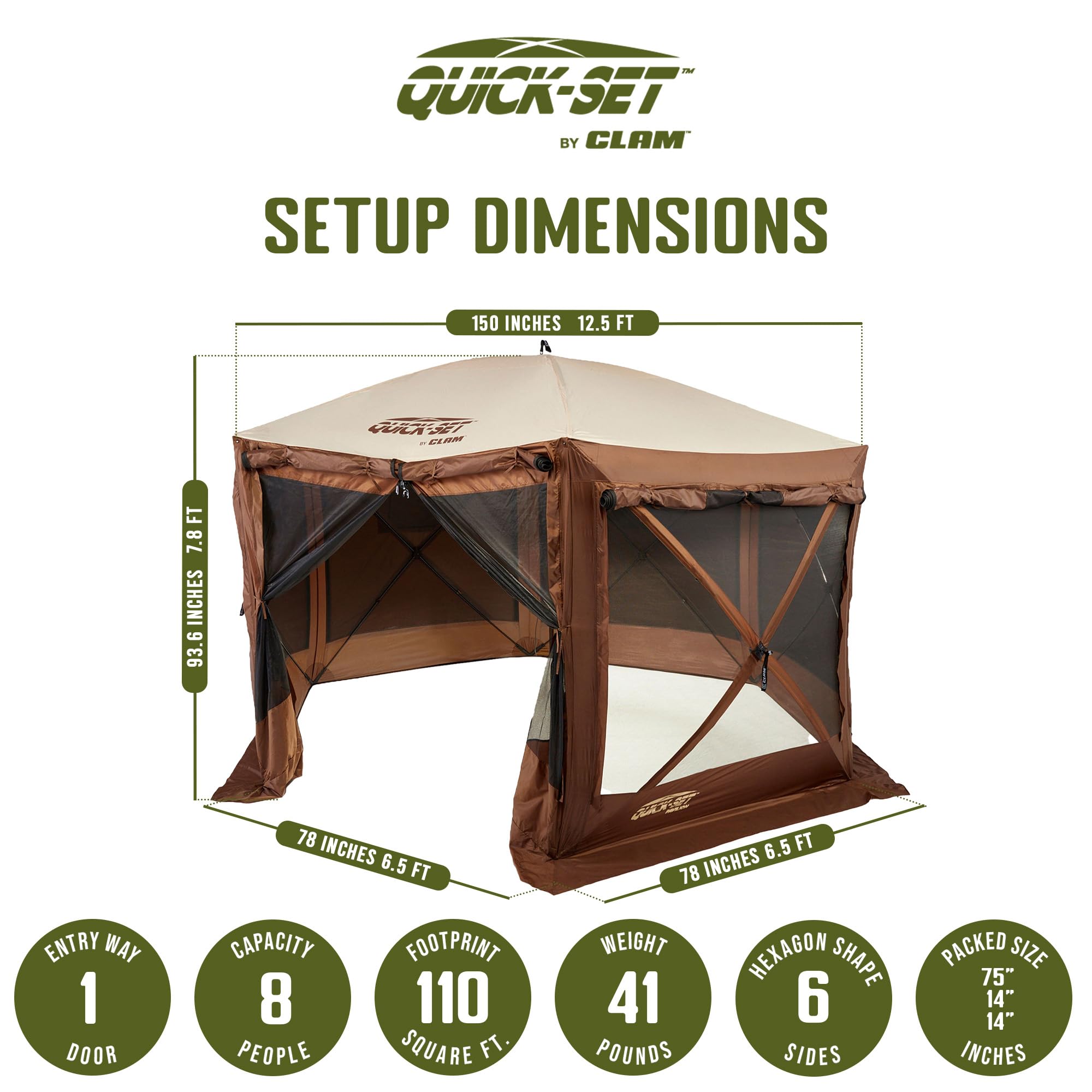 CLAM Large Pop Up Screen Tent, Outdoor Camping Gazebo Canopy, 12.5', Brown - Foldable and Portable Screened Shelter with Netting for Beach, Patio, and Backyard