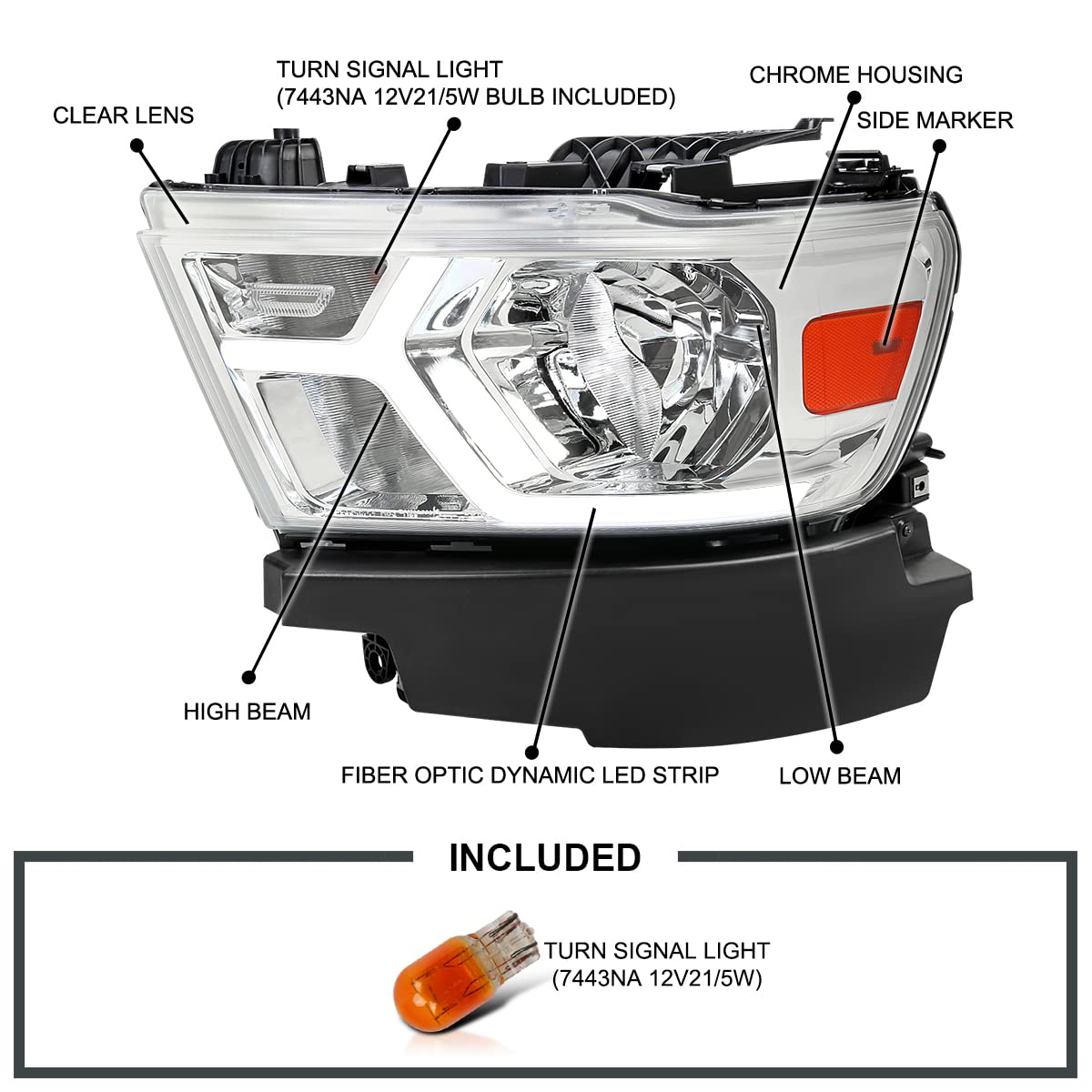 Chrome LED Tube Headlights SPEC-D TUNING Compatible with 2019-2024 Dodge Ram 1500, Left + Right Pair Headlamps Assembly