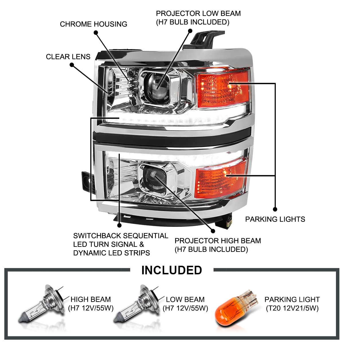 Chrome w/Silver Trim SPEC-D TUNING Projector Headlights w/Sequential Switchback LED Strip and Startup Animation Compatible with 2014-2015 Chevy Silverado 1500, Left + Right Pair Headlamps Assembly