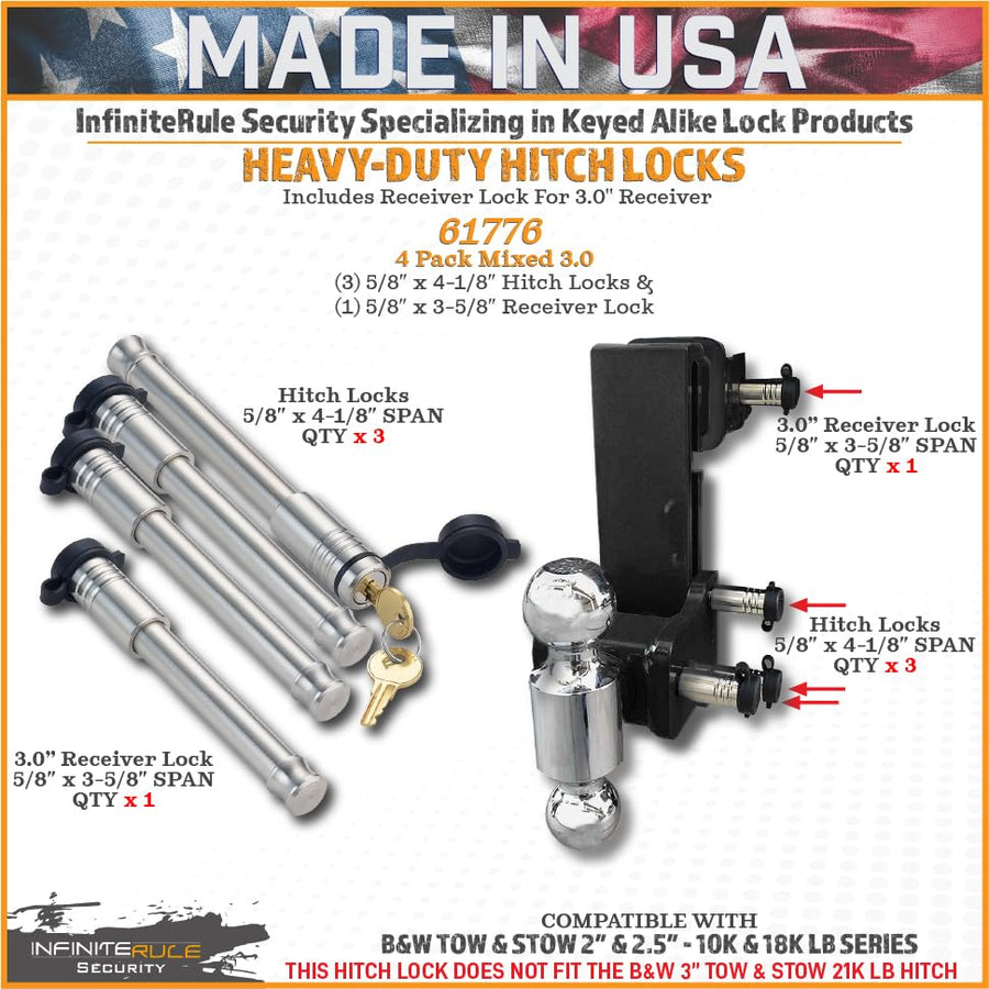 4 Pack Mixed 3.0, Keyed Alike, Hitch Locks for 2" & 2.5" B&W Tow and Stow 10K LB & 18K LB - Includes Lock for 3.0" Receiver