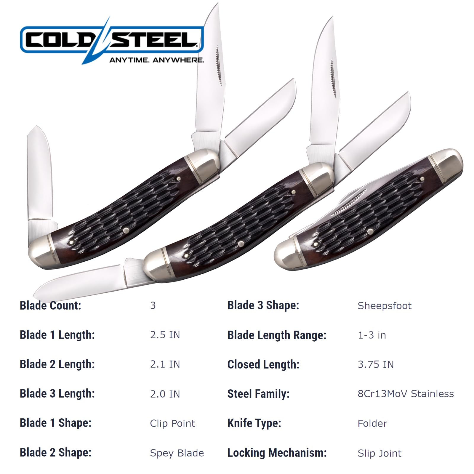 Cold Steel Stockman Gentlemen's Versatile Practical Durable Compact Pocket Folding Knife - 3 Blades; Jigged Bone Handle; Slip Joint Lock