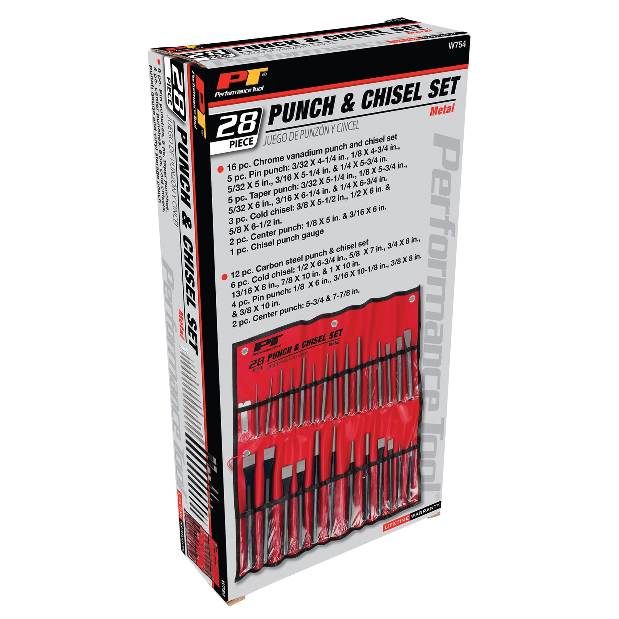 W754 Performance Tool 28-Piece Punch and Chisel Set - Strong Chrome Vanadium Steel, Heat Treated and Tempered Carbon Steel, with Roll-Up Storage Pouch