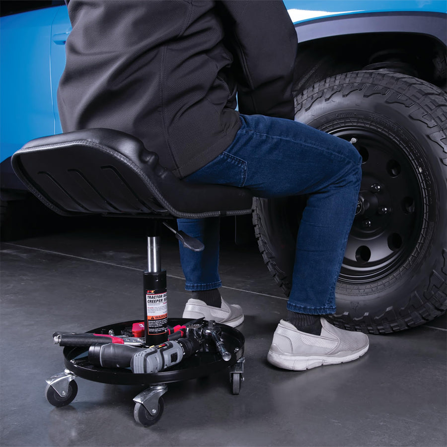 Tractor Creeper Performance Tool W85020 Rolling Work Seat with Storage Tray for Mechanic Garages and Workshops, Black, 24-inch Height