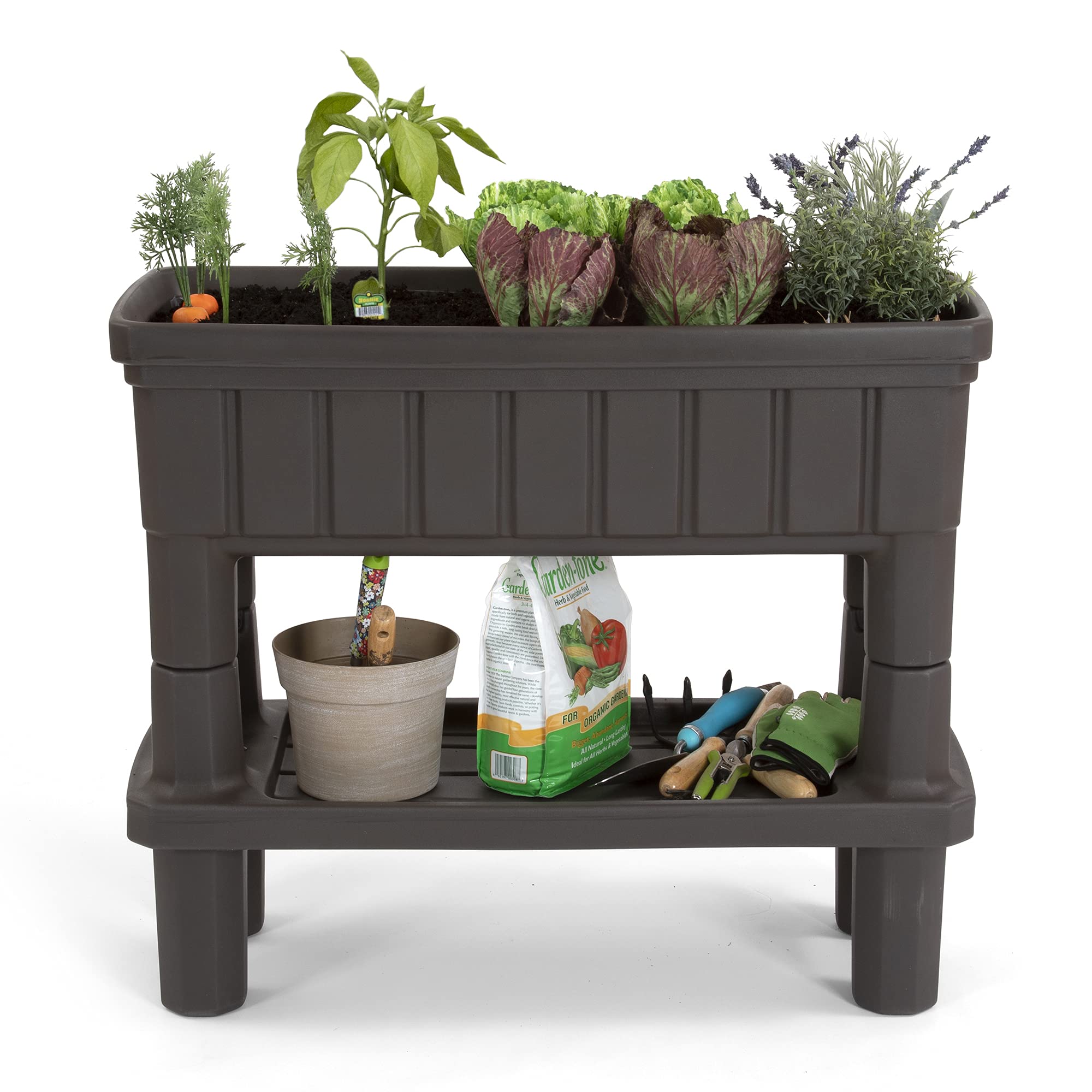 Simplay3 Raised Garden Bed American Home Outdoor Planter with Garden Tools Storage Shelf, 36" L x 30" H Garden Bed, Dark Brown