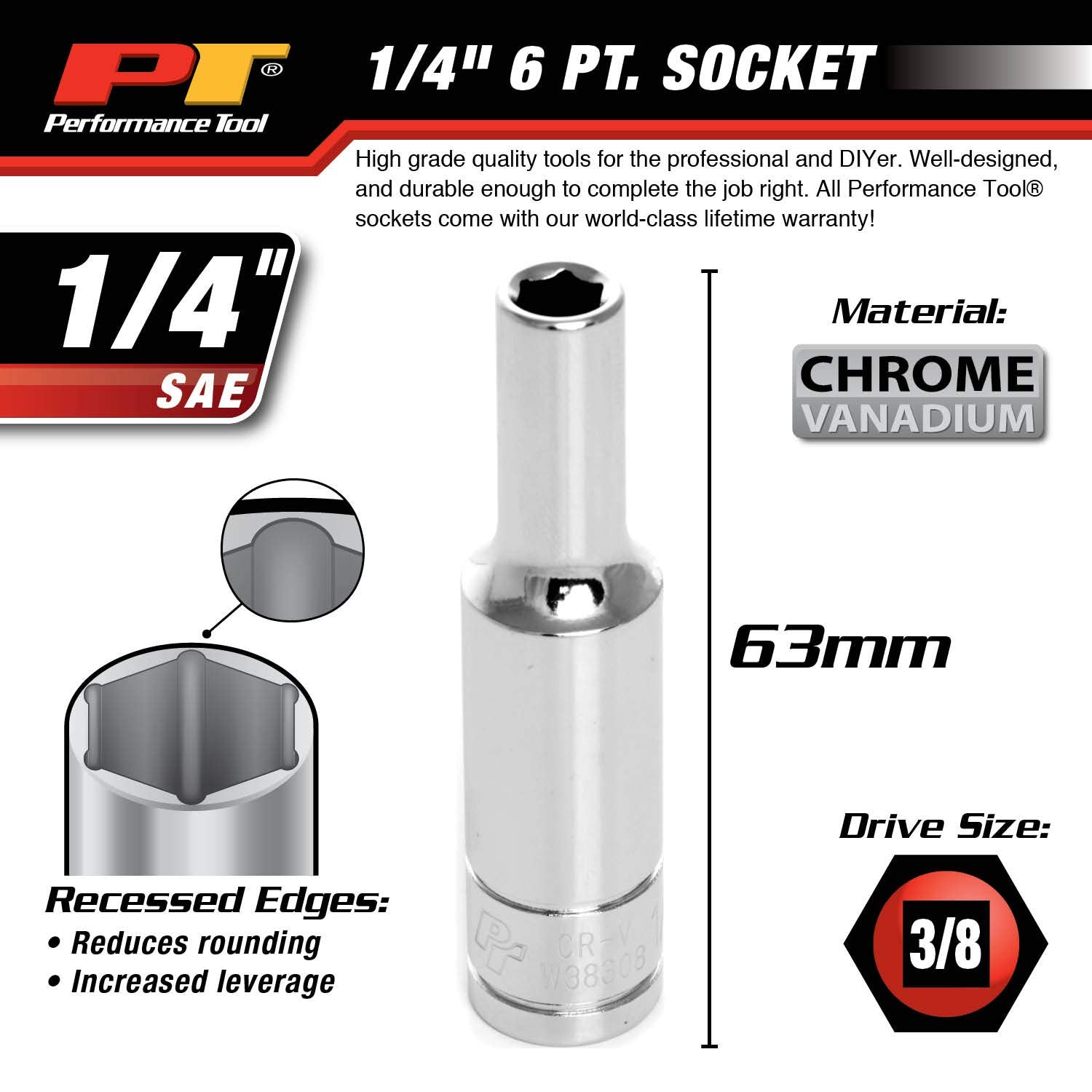W38308 Performance Tool 6-Point Socket, 3/8-Inch Drive, 1/4