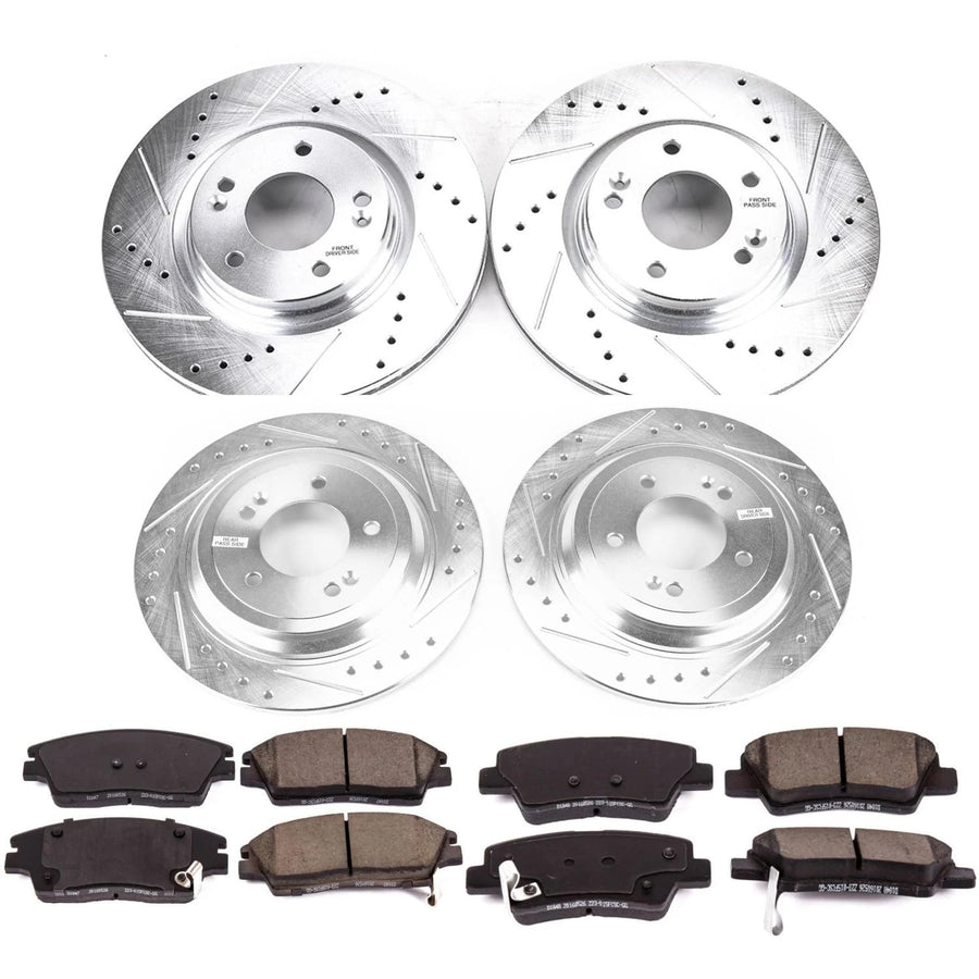 Power Stop K8010 Z23 Carbon Fiber Brake Pads Front and Rear with Drilled & Slotted Brake Rotors Kit [Application Specific]