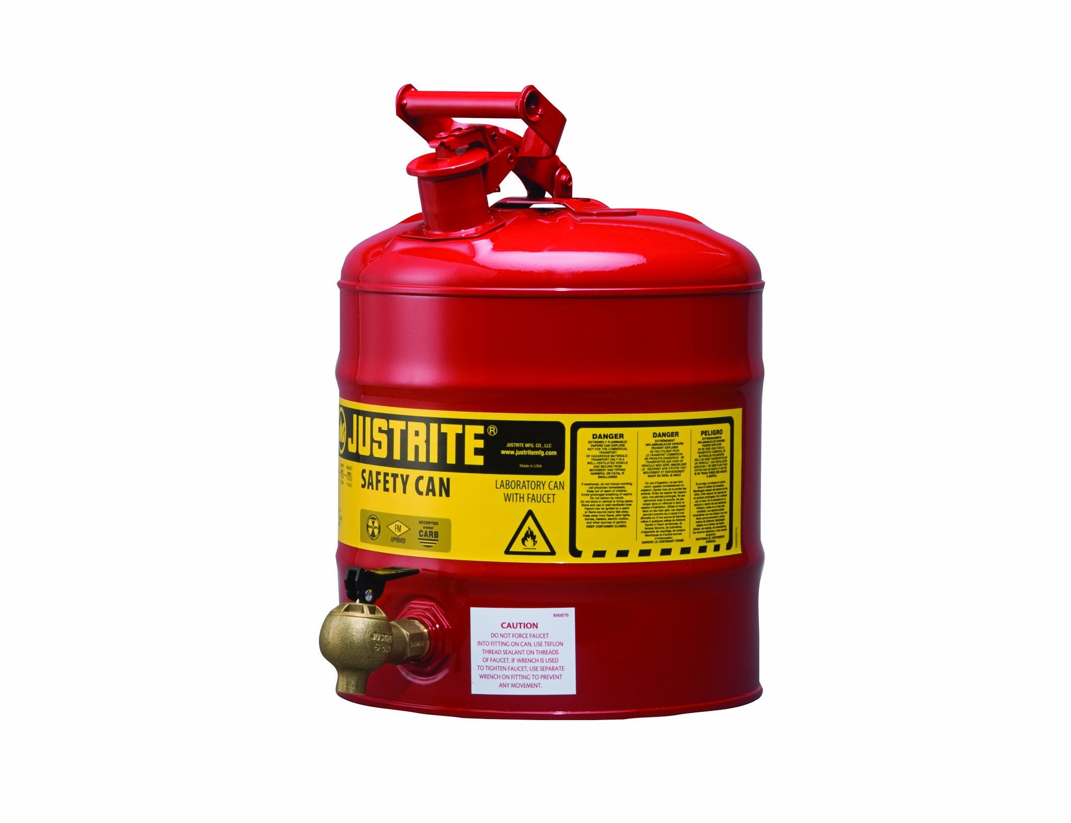 Laboratory Shelf Safety Can Justrite 7150140 Type I Galvanized Steel with Brass Control Flow Lab Safety Bottom Faucet, 5 Gallon Capacity, Red