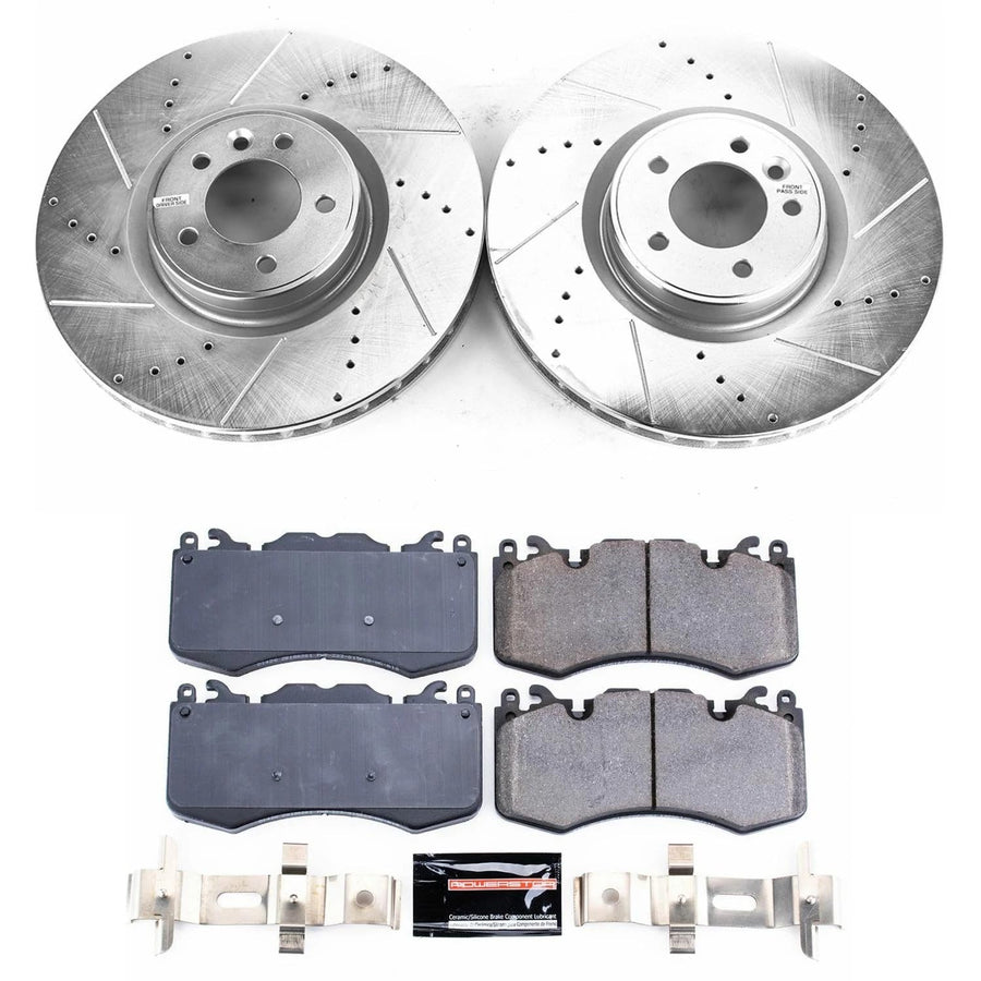 Power Stop K7074 Z23 Carbon Fiber Brake Pads Front with Drilled & Slotted Brake Rotors Kit and 1 Front Sensor Wire For Land Rover Range Rover, Land Rover Range Rover Sport [Model Specific]