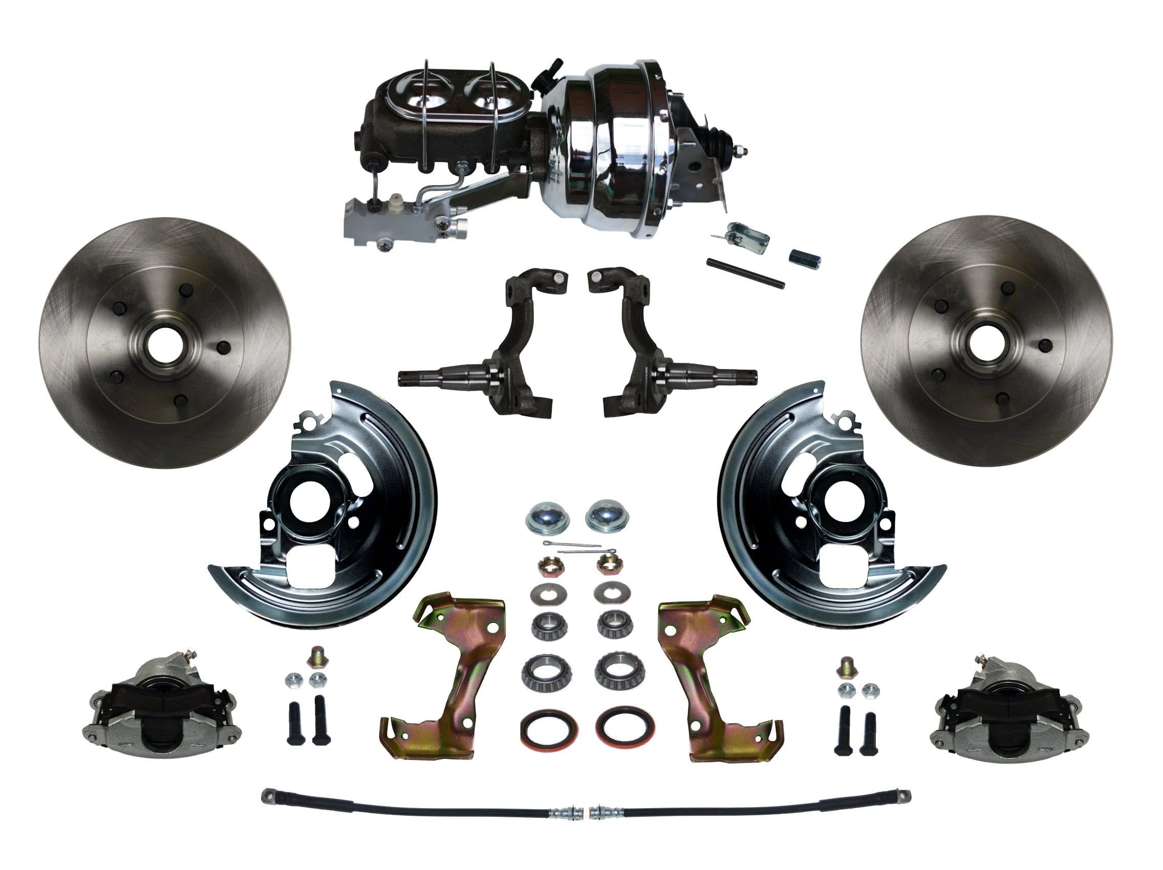 Power Front Disc Brake Conversion Kit LEED BRAKES With 8" Dual Chrome Booster Cast Iron Chrome Top M/C Disc/Drum Side Mount