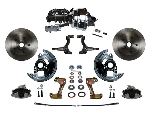 Power Front Disc Brake Conversion Kit LEED BRAKES With 8" Dual Chrome Booster Cast Iron Chrome Top M/C Disc/Drum Side Mount