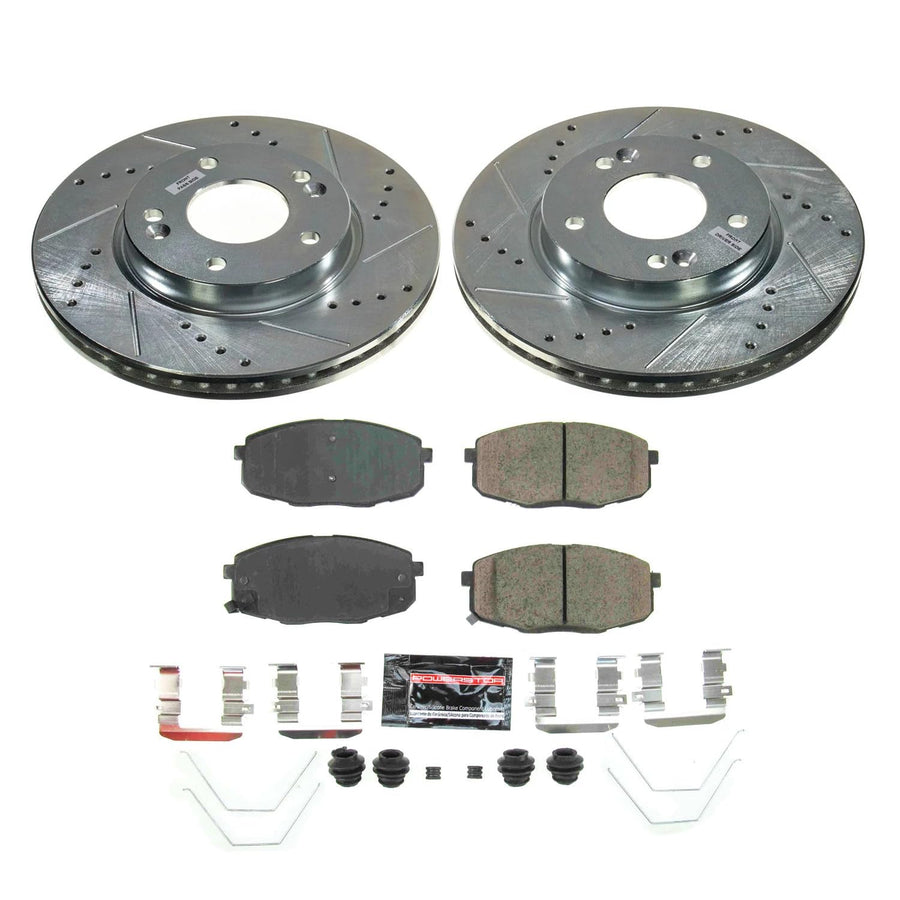Power Stop K8749 Front Carbon-Fiber Ceramic Brake Pad with Drilled and Slotted Rotor Kit Z23 Daily Driver For Kia Forte 2019-2022 [Model Specific]