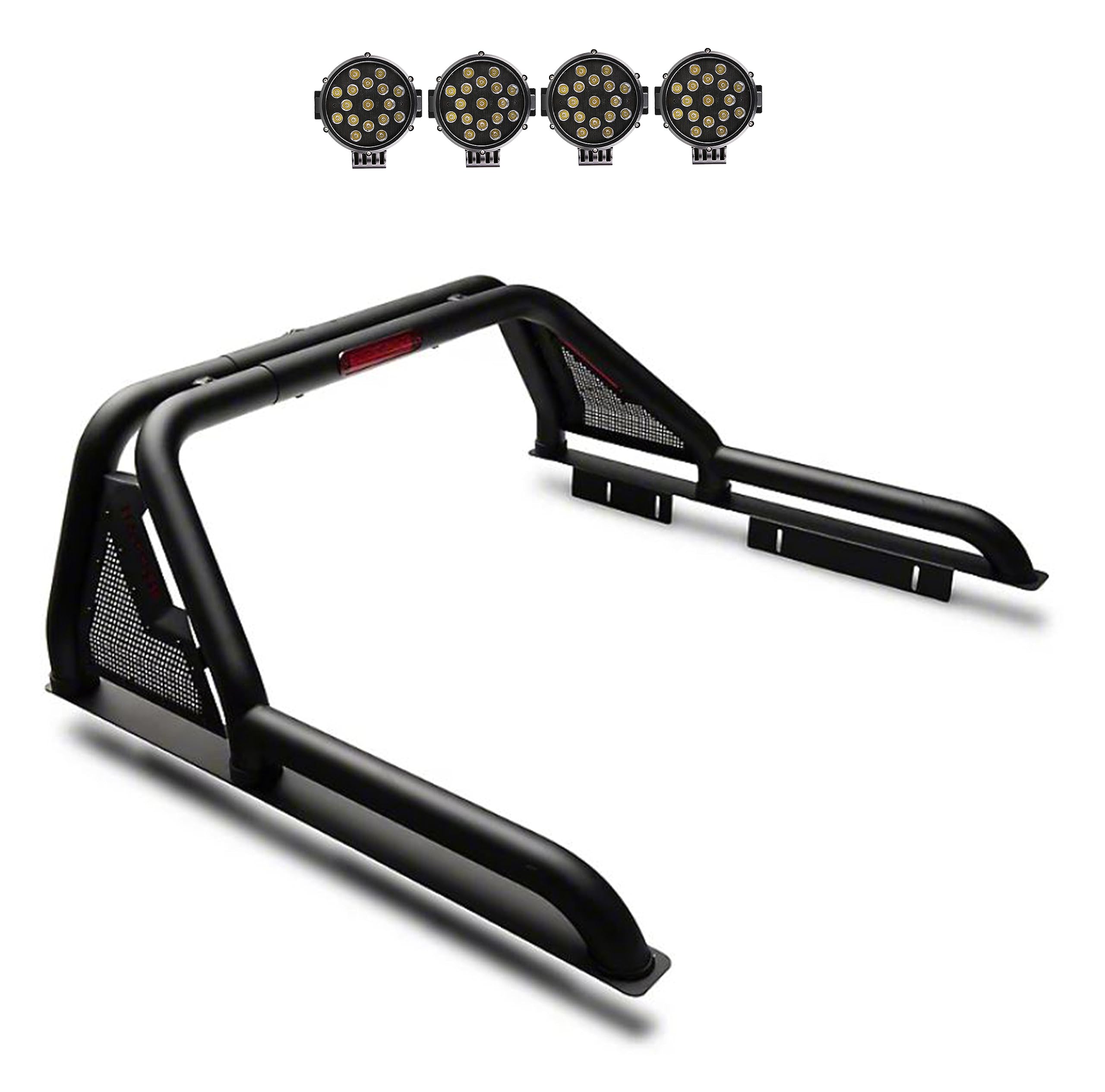 Gladiator Black Horse Roll Bar w/Pair of 7.0" Dia. LED Lights w/Black Trim Rings Compatible with 2015-2024 GMC Canyon|2015-2024 Chevrolet Colorado|15-24 Toyota Tacoma-GLRB-03B-PLB