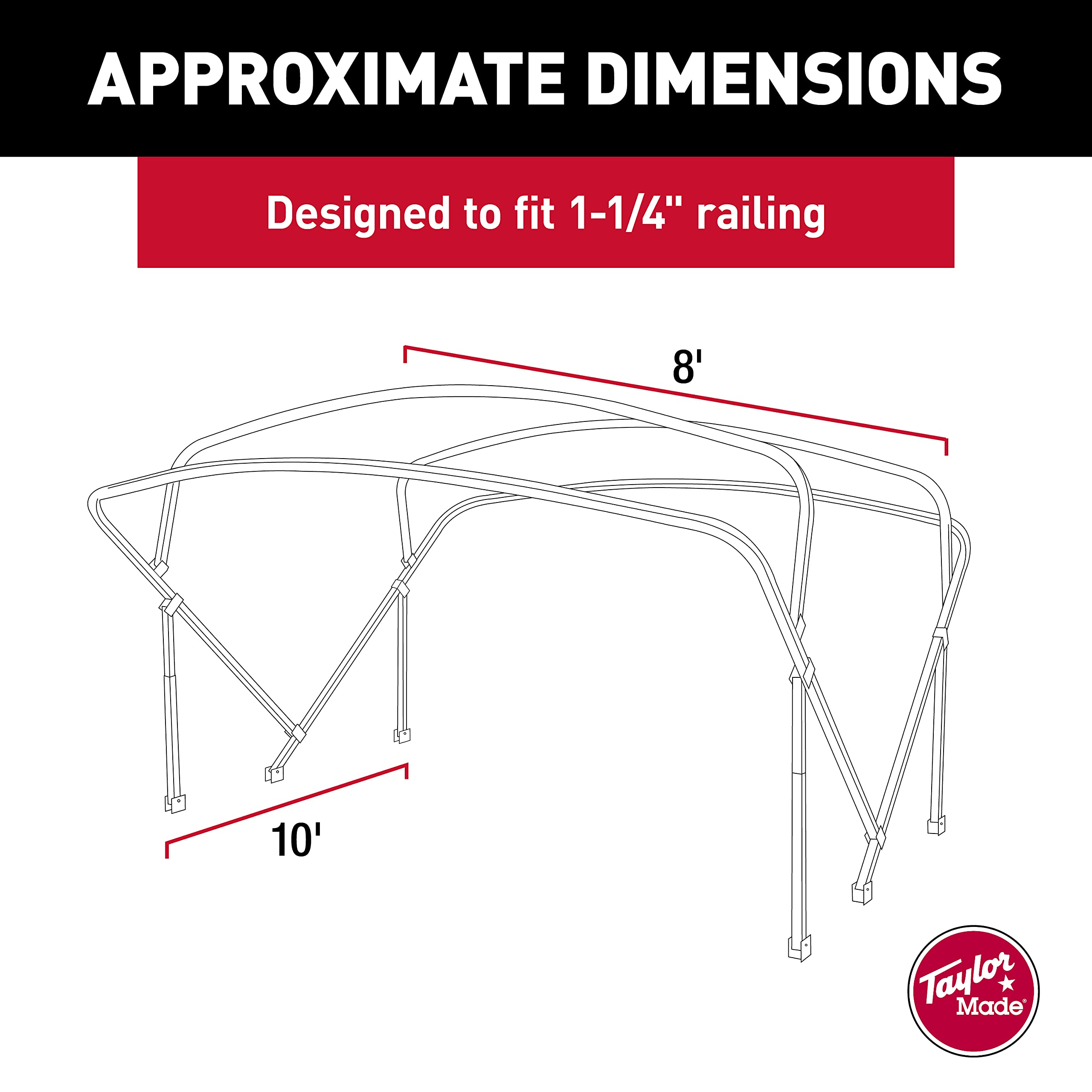 Taylor Made Products Bimini Top Manual Kit 8' or 10' Long with 8' Wide Beams for Pontoon Boats Includes Frame + Fabric + Storage Boot + Hardware