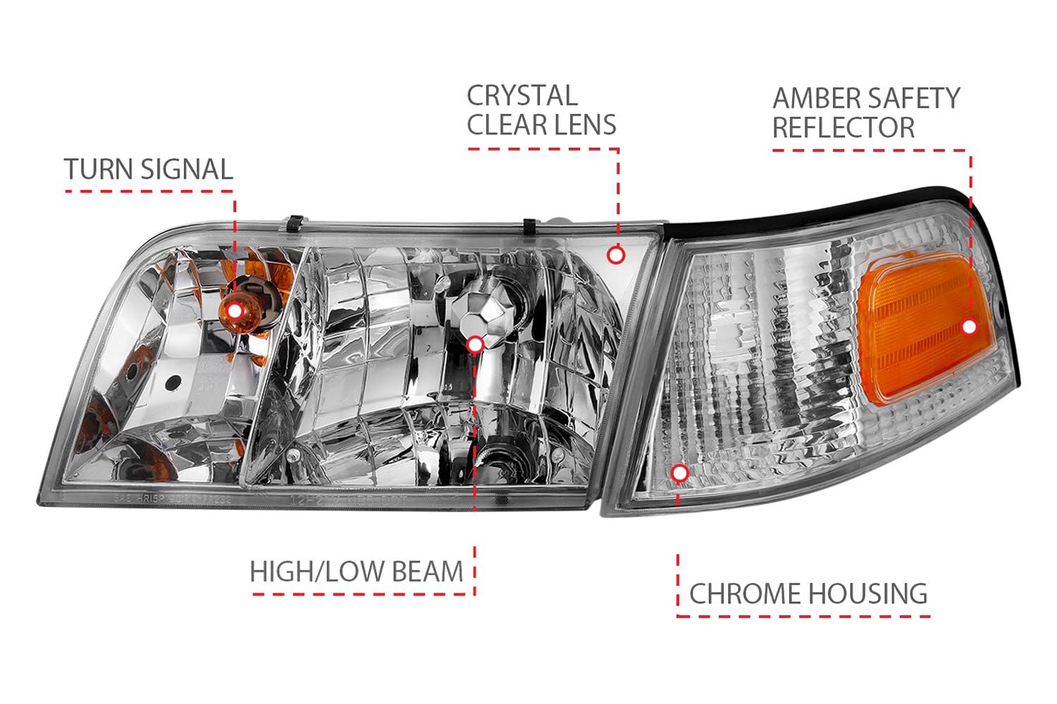 1998-2005 Ford Crown Victoria ANZO Crystal Headlight Chrome with Bumper Light (OE)