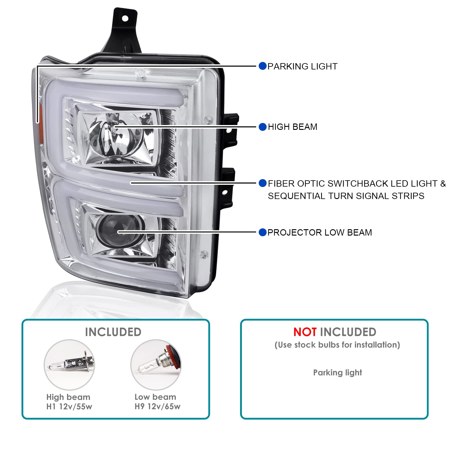 Chrome Sequential Switchback Projector Headlights SPEC-D TUNING Compatible with 2008-2010 Ford F-250, F-350, F-450