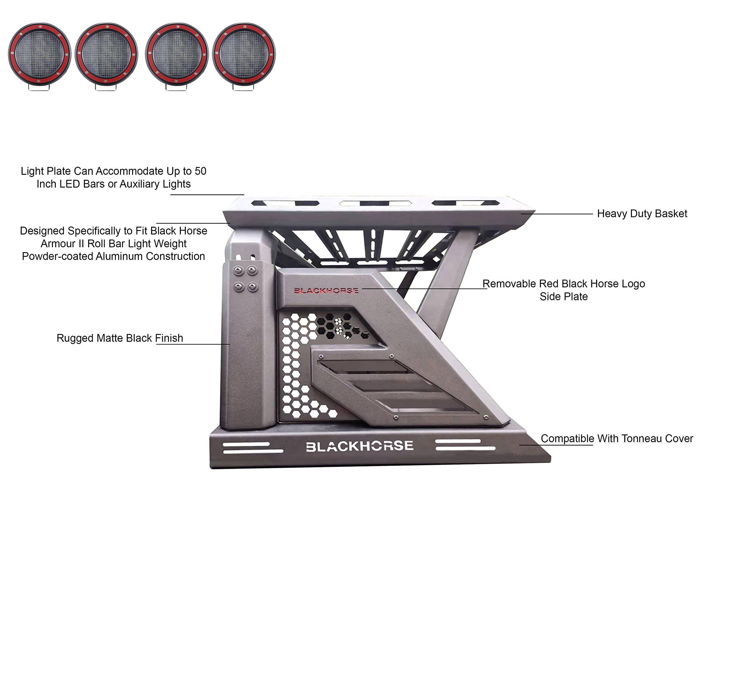 Armour II Black Horse Off Road Roll Bar W/Basket Kit Black Compatible with 2005-2021 Nissan Frontier-AR2-05BA3-PLFR