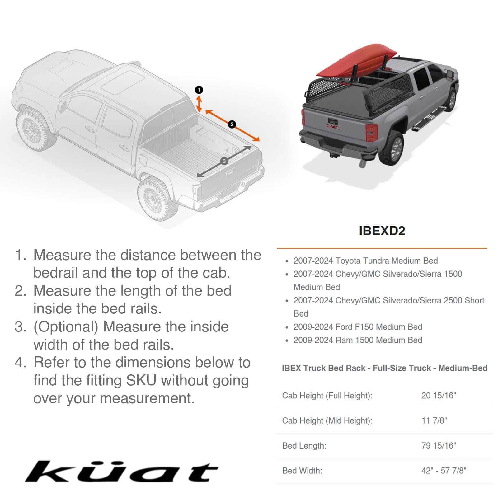 KUAT Ibex Durable Versatile Lightweight Aluminum Adjustable Truck Bed Rack - Stainless Steel Hardware Included | 1,200 LBS Static & 300 LBS Dynamic Weight Capacity, IBEXD2 - Full-Size - Medium-Bed