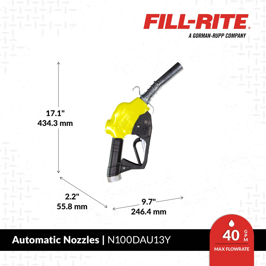 1” Fill-Rite N100DAU13Y 3 to 40 GPM Automatic Ultra High Flow Fuel Transfer Nozzle, Yellow -For Gasoline, Diesel, Biodiesel up to B20, E15 & Kerosene