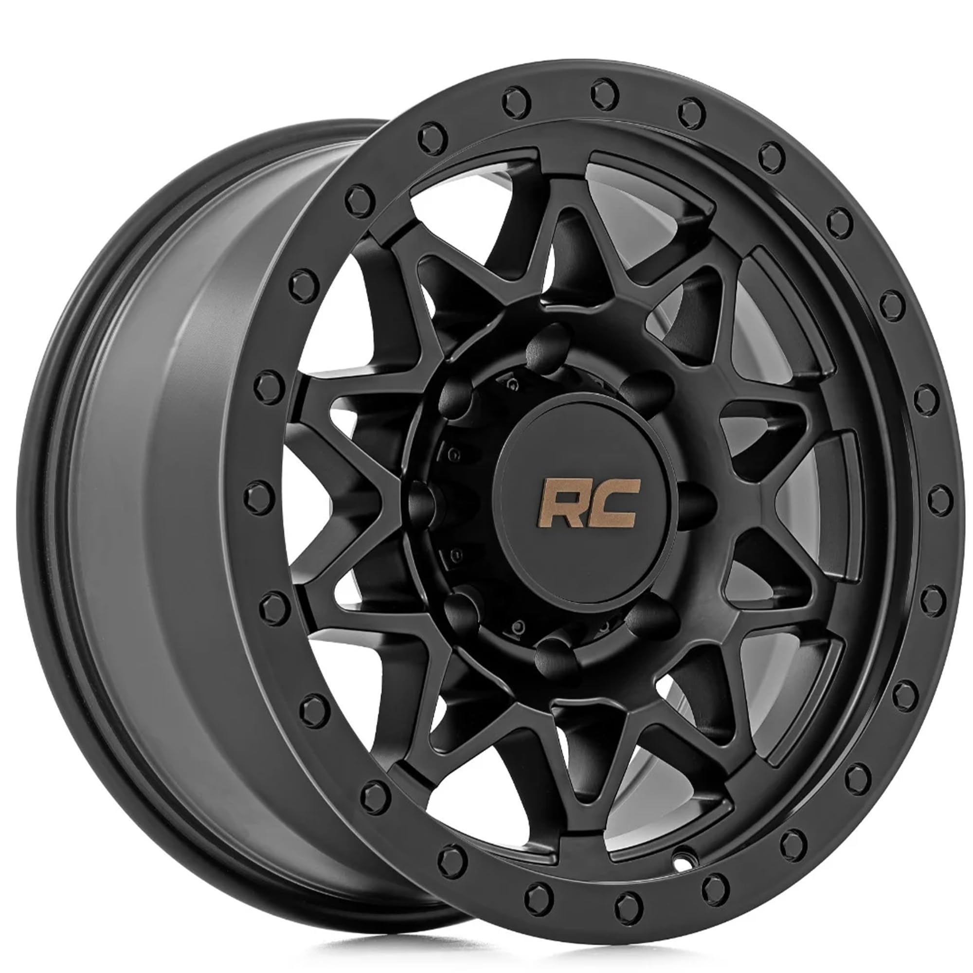 78 Series Rough Country Aluminum Wheel with Simulated Beadlock - 18x9, 8x170mm Bolt Pattern, +0mm Offset, Rugged 10-Spoke Design, Semi Gloss Black