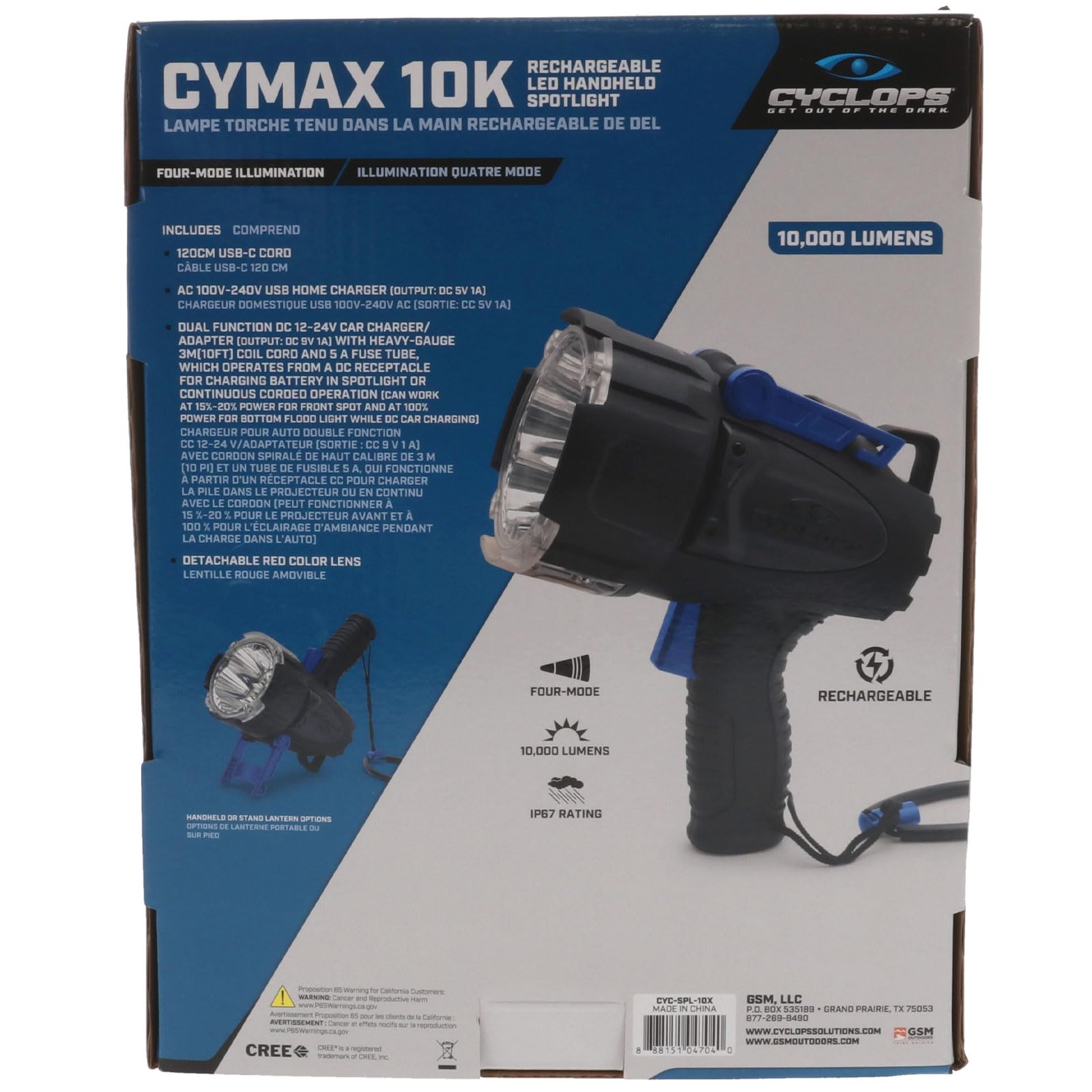 CYMAX Cyclops 10000 Lumens IPX67 Waterproof 4 Lighting Modes Rechargeable LED Handheld Spotlight | Charger & Detachable Red Lens Included
